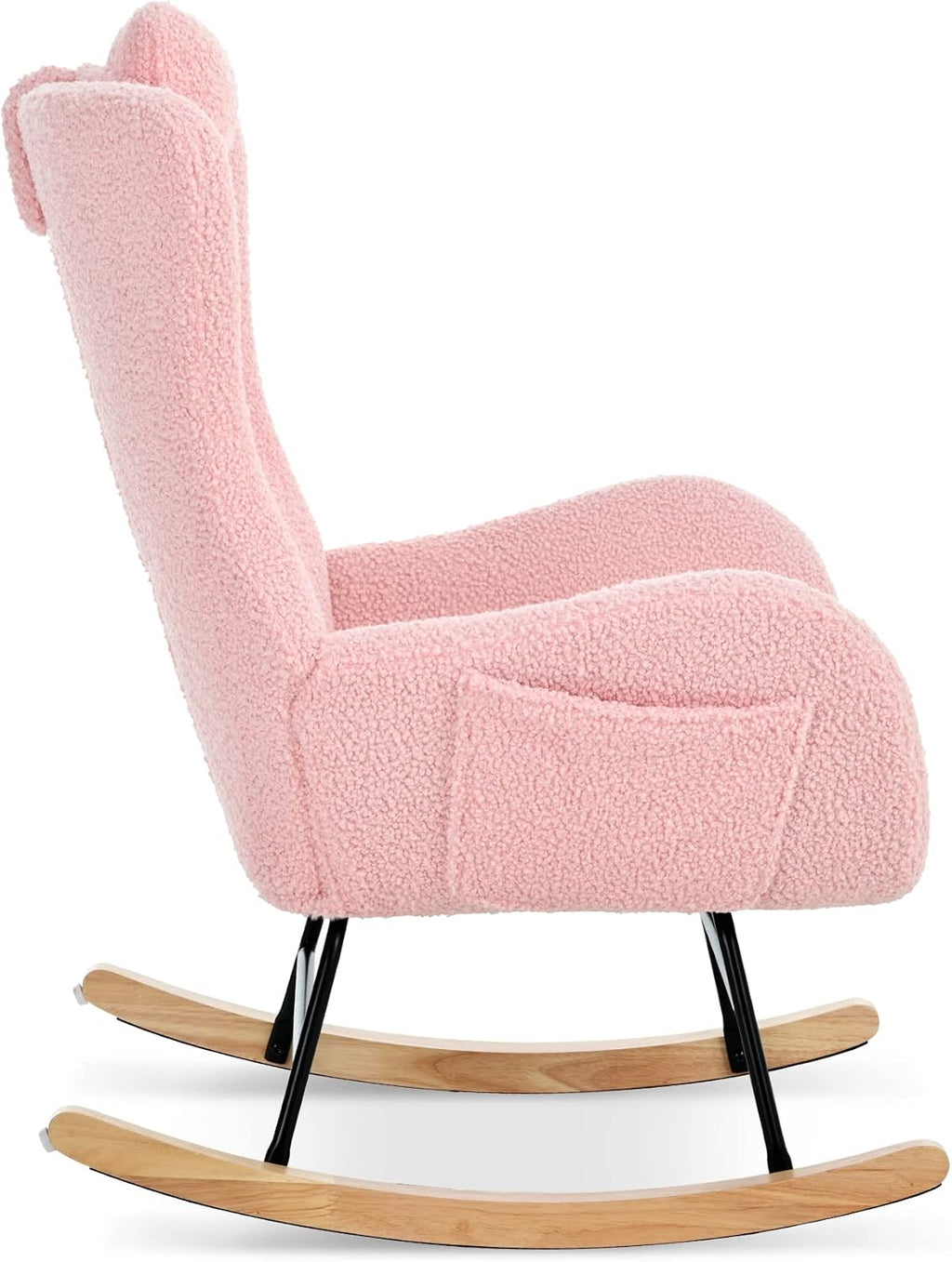 GDFStudio Aurla Rocking Chair, Teddy Upholstered Rocker Glider Chair with High Backrest, Adjustable Headrest & Pocket, Comfy Glider Rocker for Bedroom, Living Room, Offices, Rubber Wood, Pink