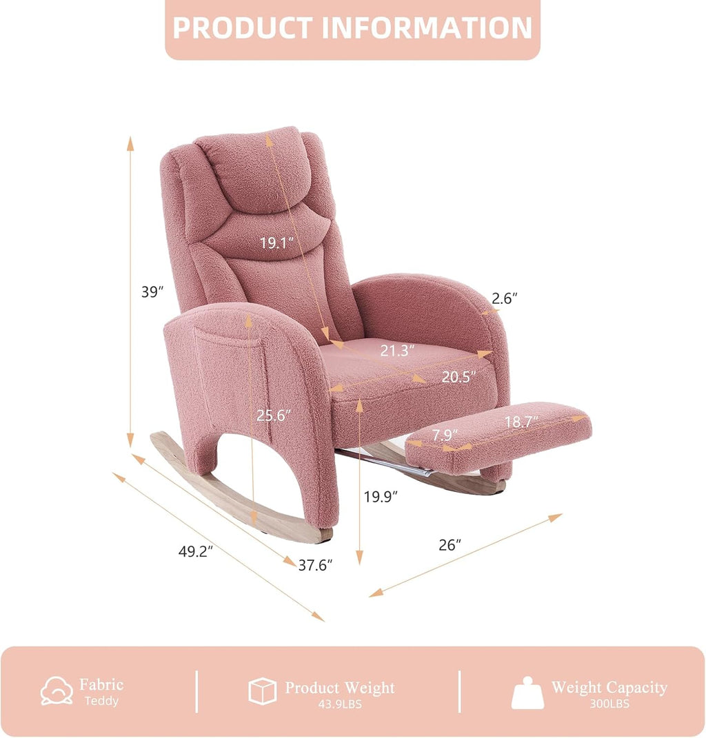 Rocking Chair Nursery with Foot Rest,Upholstered Teddy Glider Rocker with Wood Legs, Nursing Rocking Chair for Living Room/Nursery,Pink