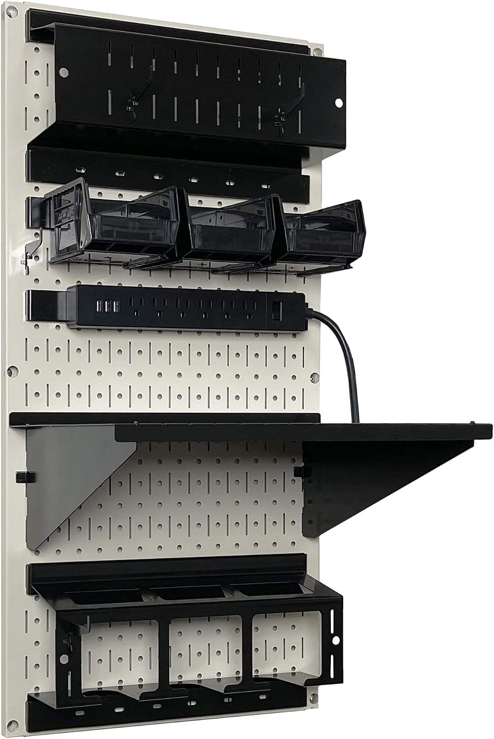 Wall Control Power Tool Storage Organizer Kit Cordless Drill Holder Charging Station Rack 16' x 32' Metal Pegboard Organization System (Beige Pegboard)