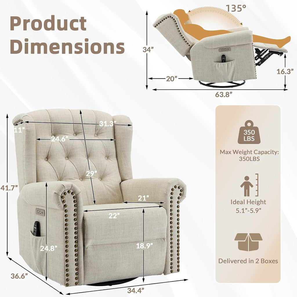 Power Swivel Rocking Glider Recliner Chair with Massage and Heat, Electric Nursery Glider Rocker for Living Room, Wingback Tufted Upholstered Recliner Chair with Type-C & USB Ports, Beige