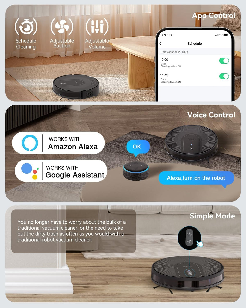 Robot Vacuum Cleaner with Self-Emptying Base, 9000Pa Strong Suction, 85-Day Auto Dustbin, Wi-Fi/App/Alexa Control, Robotic Vacuum for Pet Hair, Low Carpets & Hard Floors