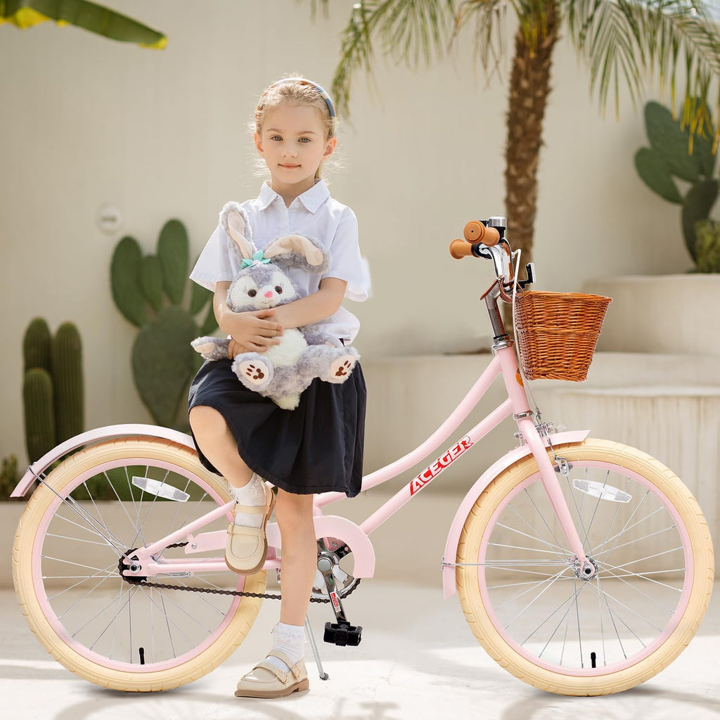 ACEGER Retro Princess Kids Bike with Basket for 3-12 Years Old Girls, Included Coaster Brake & Caliper Brake, 14 16 18 Inch with Training Wheels, 20 Inch with Kickstand, Vintage Bicycle for Gifts.