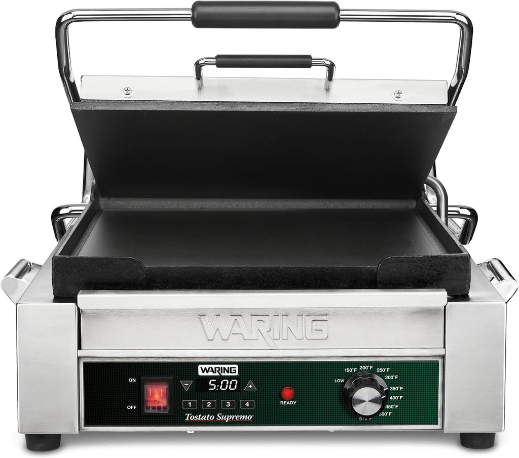 Waring Commercial Full-Size Flat Toasting Grill with Timer, Cast Iron Plates, 14' x 14' Cooking Surface, Ideal for Grilling Sandwiches, Paninis, Tortillas, Quesadillas, WFG275TX