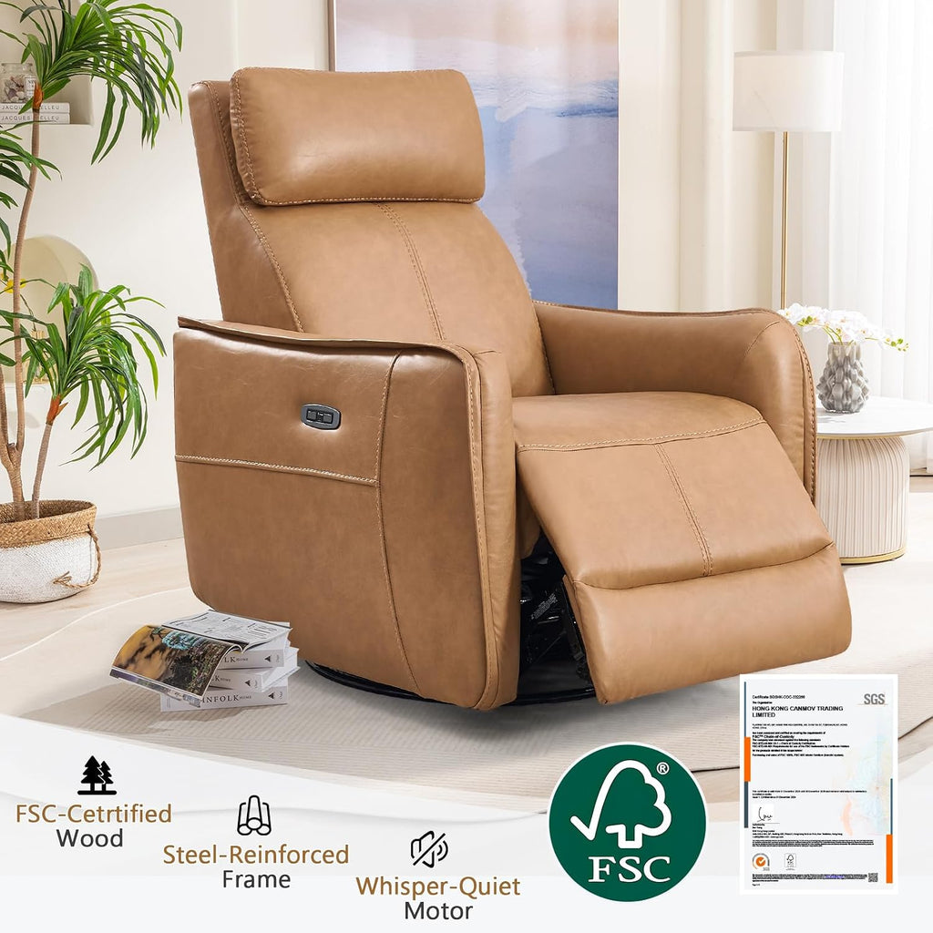 ANJ Power Recliner Chair with USB Port, 150° Reclining Swivel Glider, Faux Leather, Cognac Brown, 350 lbs Capacity