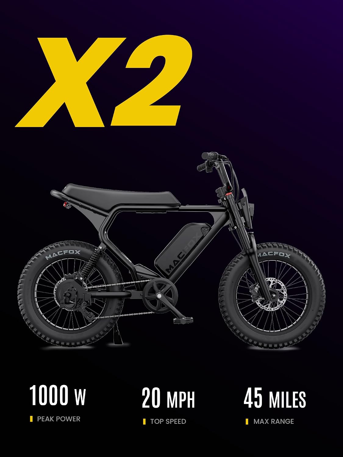 MACFOX Upgrade X2 Electric Bike for Adults, 1000W EBike with Hydraulic Brakes, 48V 20Ah Removable Battery 45 Mile Range, Hydraulic Brake E Bikesr, 20' Fat Tire Electric Bike (UL2849 & Class-2)