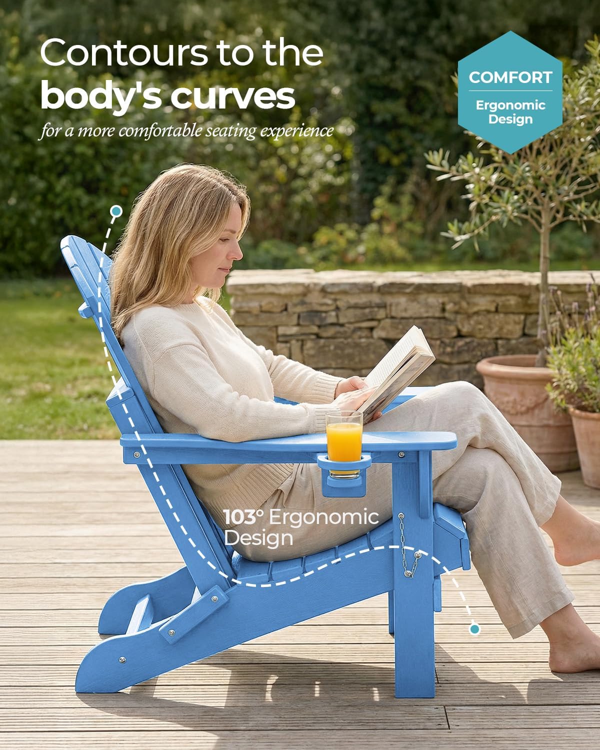Ciokea Folding Adirondack Chair Wood Texture, Patio Adirondack Chair Weather Resistant, Plastic Fire Pit Chair with Cup Holder, Lawn Chair for Outdoor Porch Garden Backyard Deck, Baby Blue