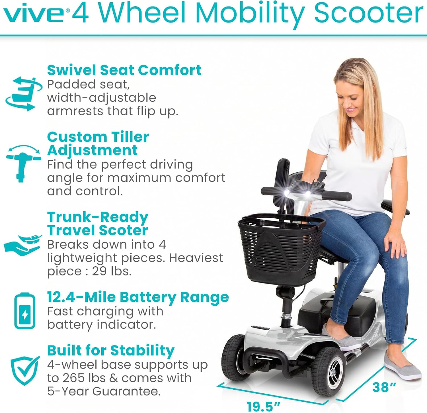 Vive 4 Wheel Mobility Scooter - Electric Powered Wheelchair Device - Compact Heavy Duty Mobile for Travel, Adults, Elderly - Long Range Power Extended Battery with Charger & Basket