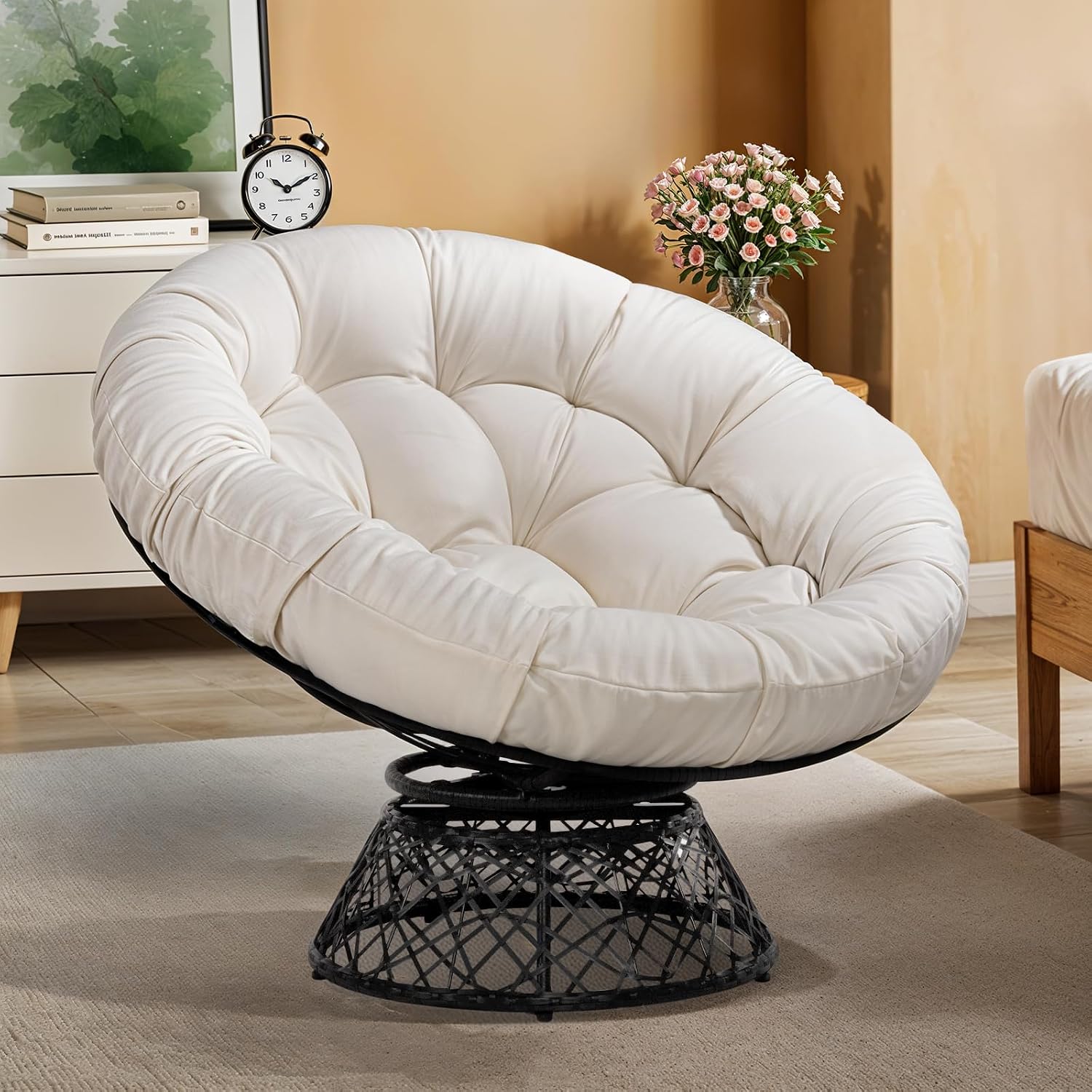 Bme 40' Ergonomic Wicker Papasan Chair with Soft Thick Density Fabric Cushion, High Capacity Steel Frame, 360 Degree Swivel for Living, Bedroom, Reading Room, Lounge