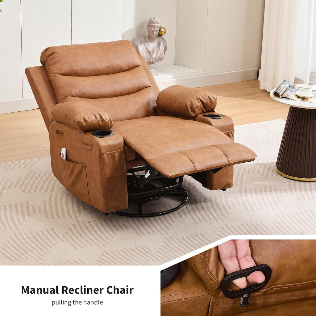 Leather Recliner Chair Nursery, Oversized Manual Reclining Rocking Chair, 360 Swivel Glider with Cup Holder, Massage and Heat Recliner, Indoor Small Single Sofa Chairs for Adults, RV, Bedroom, Brown