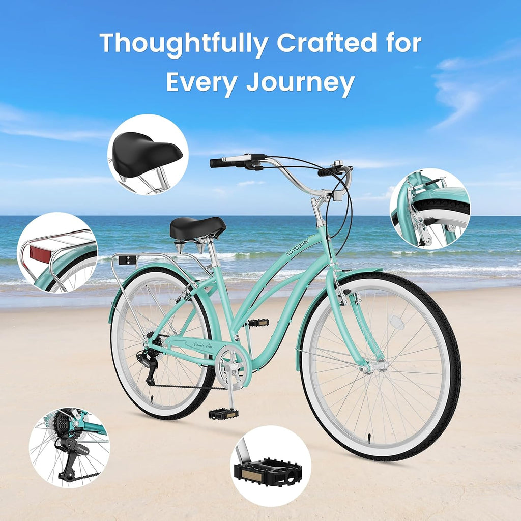 Cruiser Bike for Adults, 7-Speed Beach Cruiser Bicycle, 24/26 Inch Step-Through or High-Bar Frame, Comfort City Commuter Bike with Rear Rack, Fenders, Wide Saddle for Women & Men