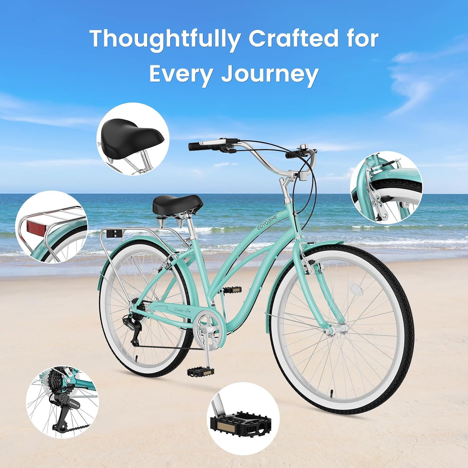 Cruiser Bike for Adults, 7-Speed Beach Cruiser Bicycle, 24/26 Inch Step-Through or High-Bar Frame, Comfort City Commuter Bike with Rear Rack, Fenders, Wide Saddle for Women & Men