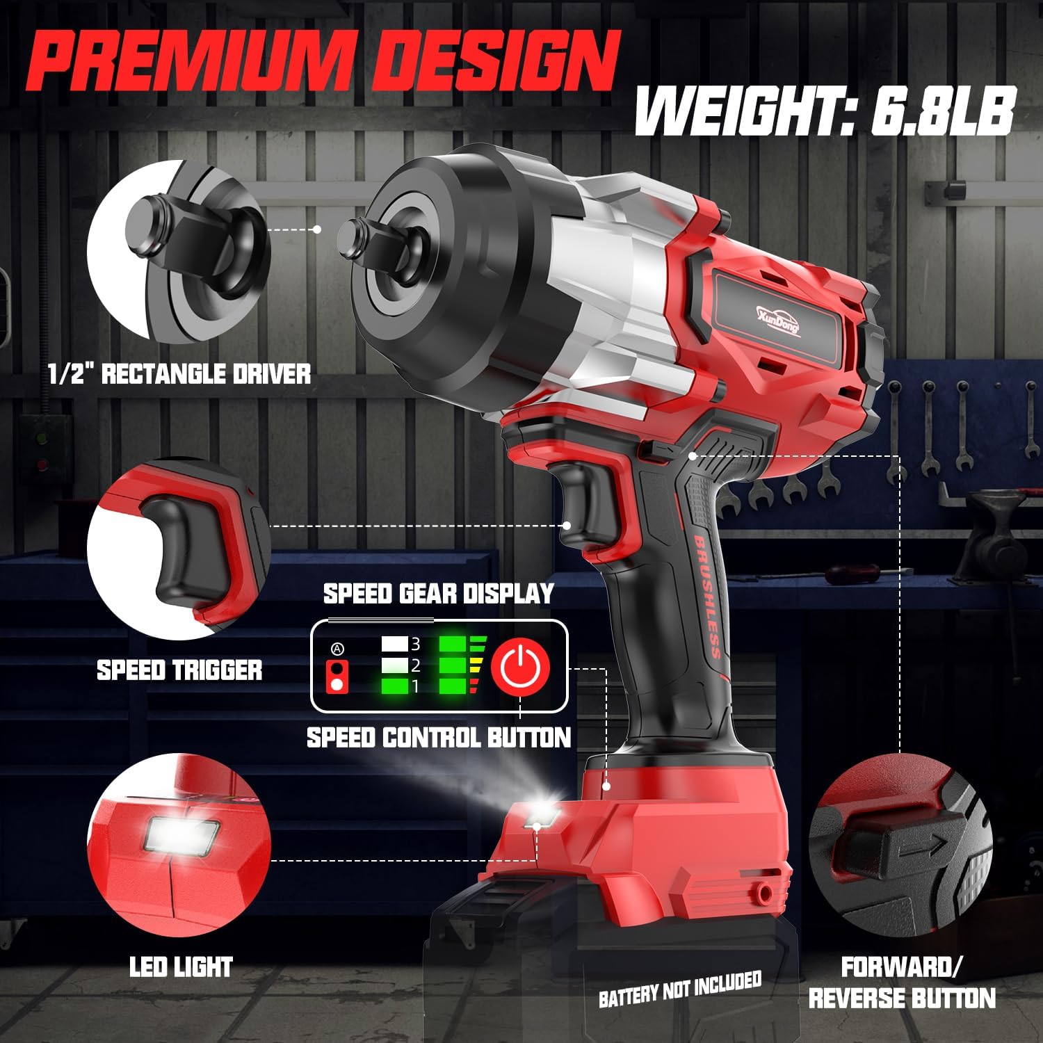 Cordless Impact Wrench 1/2' Compatible with Milwaukee 18V Battery, 1600Ft-lbs(2200N.m) High Torque Impact Gun Heavy Duty, Brushless Electric Power Impact Driver with 4 Speed Modes & LED Work Light