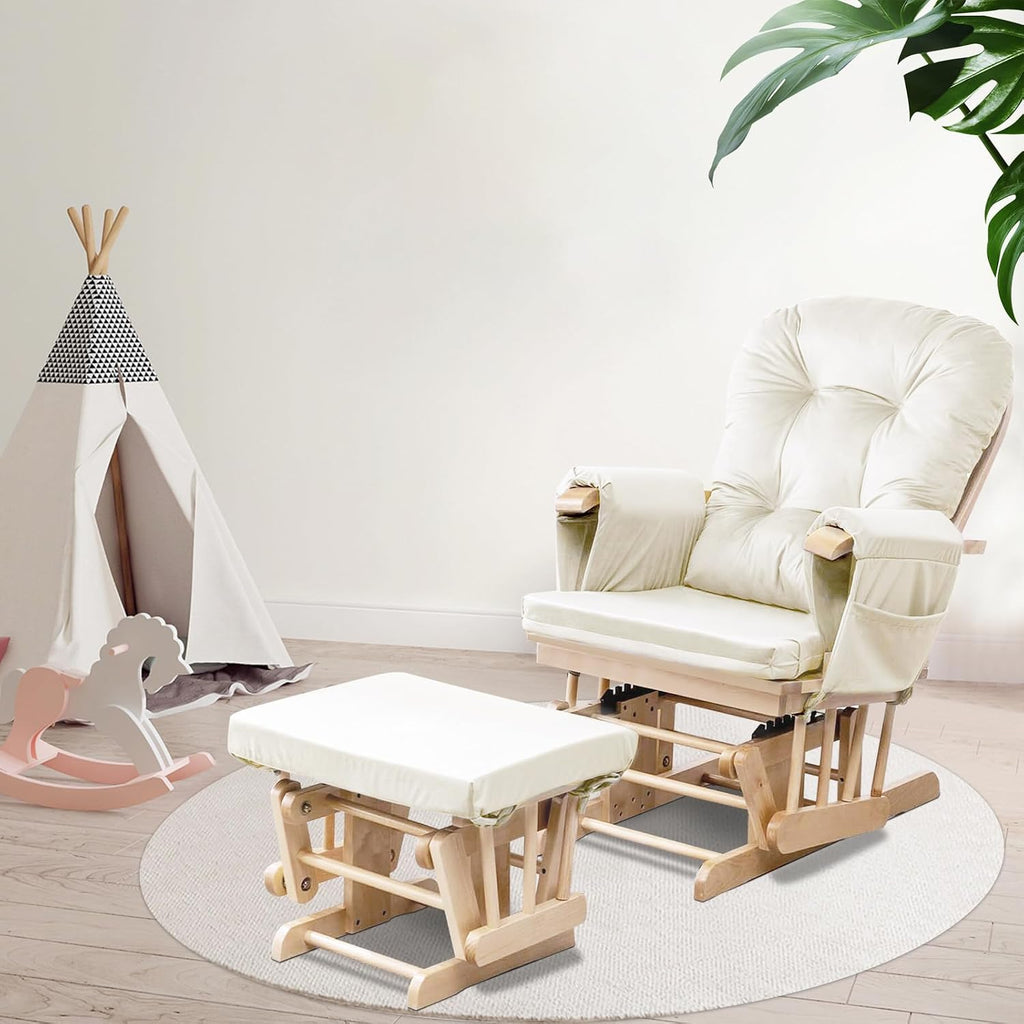 5PCS Glider Rocker Replacement Cushions Thick Soft Velvet Glider Cushions Replacement Set with Ottoman Cushion and Storage Pockets for Nursery Wooden Rocking Chair, Beige