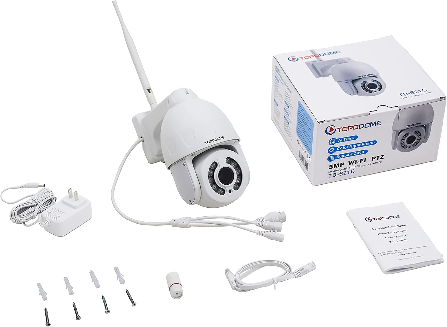 5MP PTZ Security Camera Outdoor Motion Tracking, Floodlight Surveillance IP Dome RTSP Camera Wireless WiFi, 5X Optical Zoom, Color Night Vision, 2-Way Audio, Support SD Card IP66 White