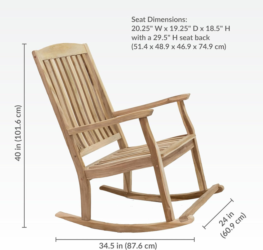Sunnydaze Teak Outdoor Rocking Chair with Slatted Back - Wooden Front Porch Chair for Patio - Outside Porch Rocker - 325 lb Support