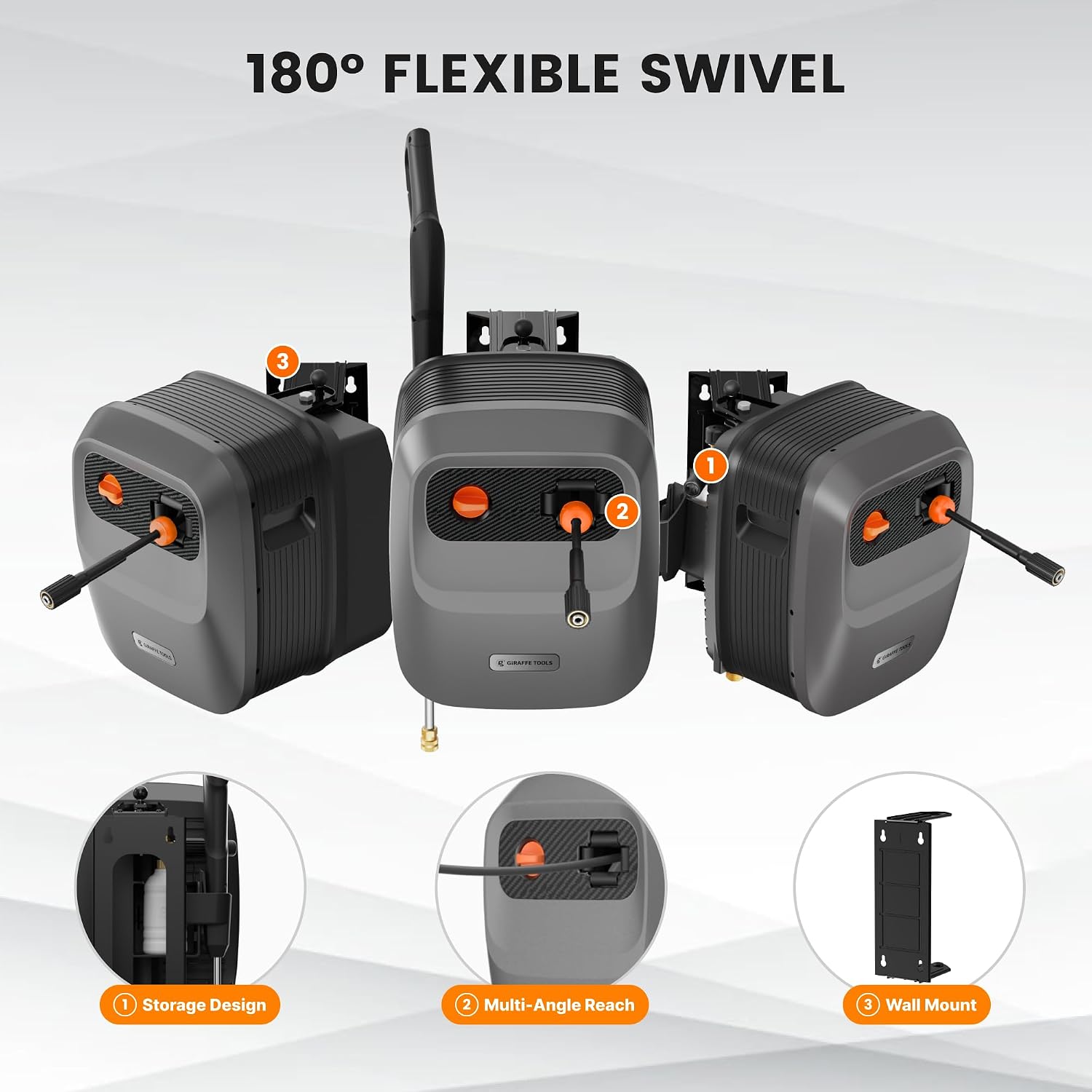 Giraffe Tools Grandfalls Retractable Pressure Washer G20B, 2500 PSI 2.2 GPM, Wall Mounted Power Washer with 65FT Hose Reel, Black Pressure Hoses, 4 Nozzles for Floor/Cars/Fences/Patios, Dark Silver