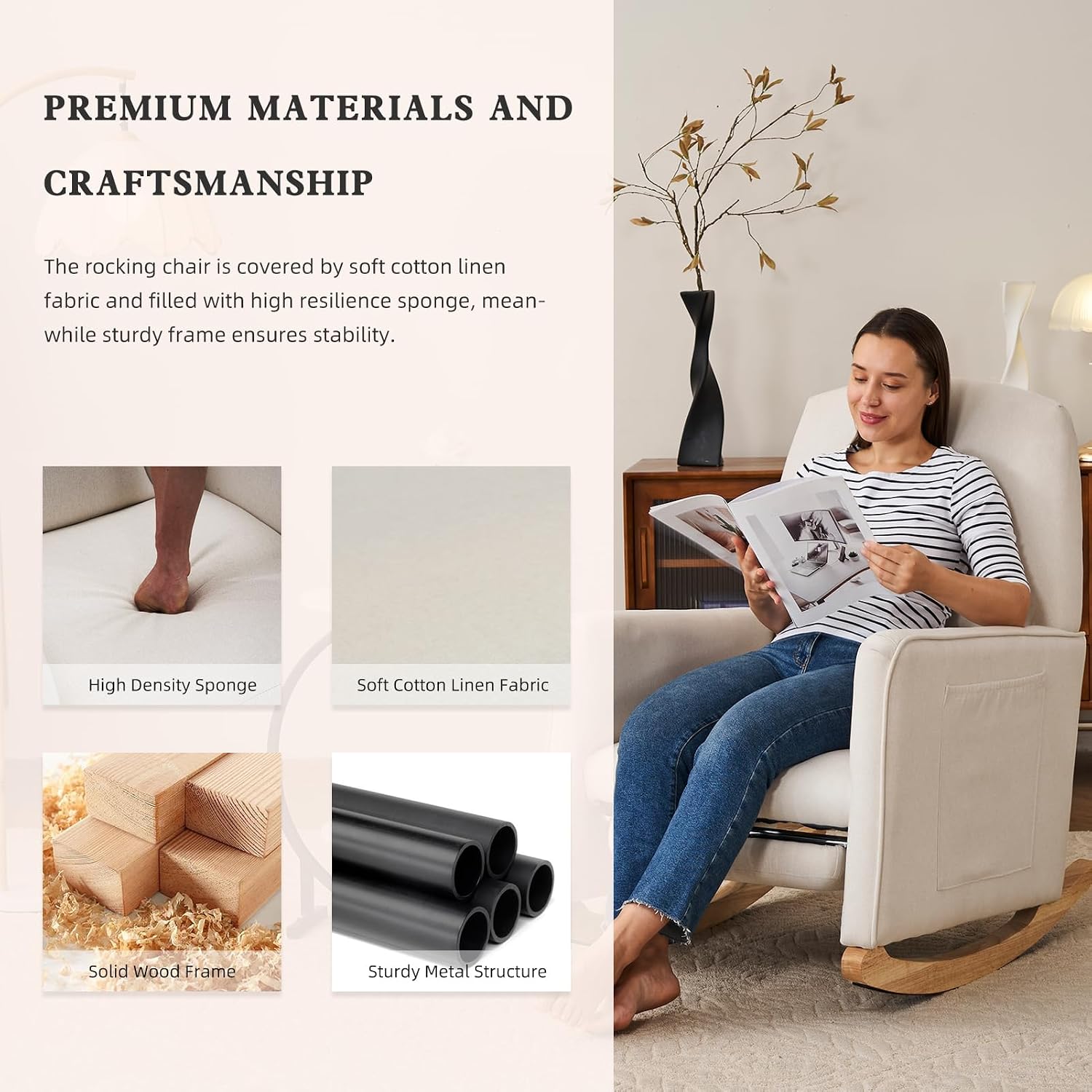 Rocking Chair Nursery with Foot Rest, Nursing Rocking Chair with High Backrest, Glider Rocker Chair for Living Room, Bedroom, Nursery(Cotton Linen Beige)