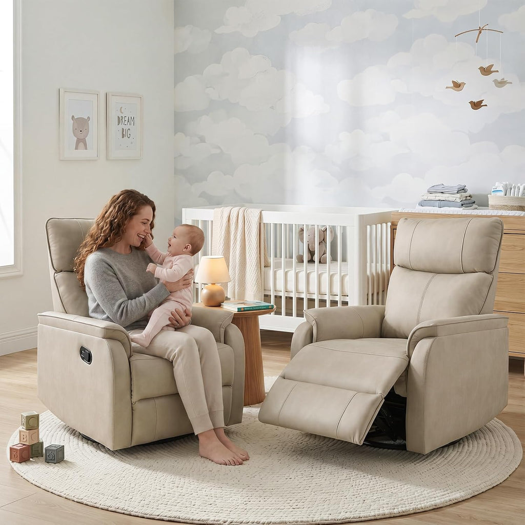 HAOMARKETS Swivel Rocker Recliner Chair, Manual Faux Leather Glider Rocking Recliners for Adults, 360° Swivel Nursery Reclining Sofa with Padded Backrest for Living Room, Beige