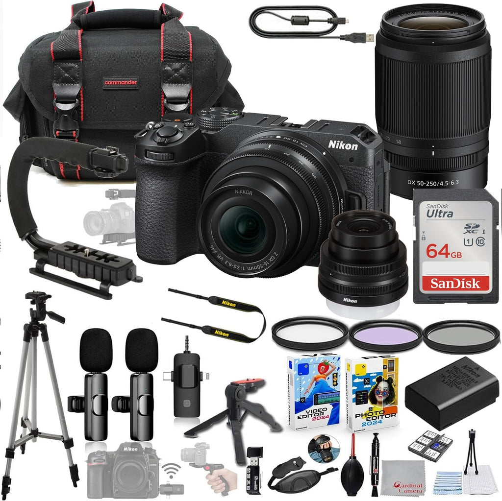 Nikon Z30 Mirrorless Camera with 16-50mm & 55-250mm Lens Bundle + Wireless Microphone System + Accessory Package Including 64GB Memory, U-Grip, Case, Tripod, Software and More (36 Items)