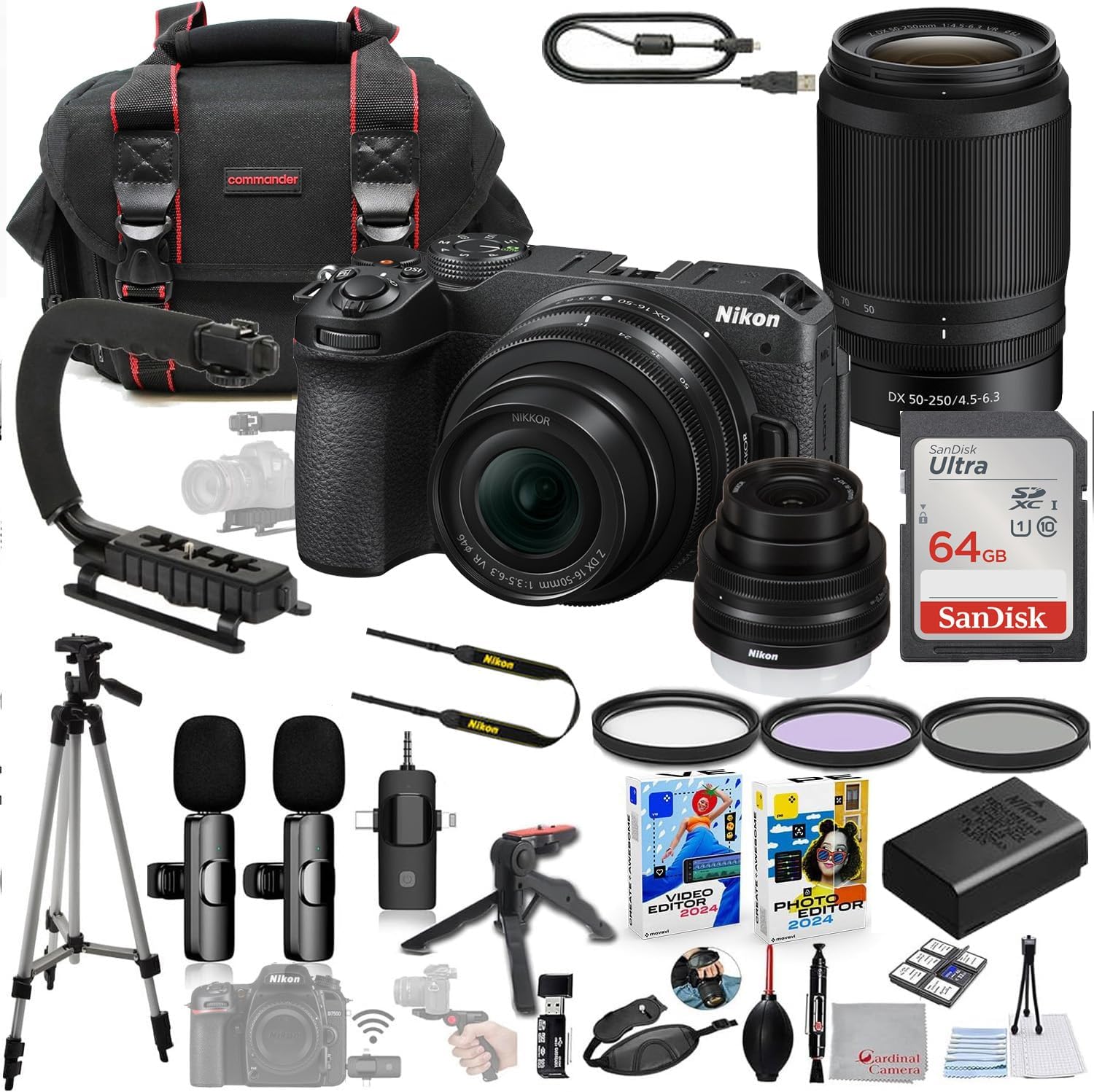 Nikon Z30 Mirrorless Camera with 16-50mm & 55-250mm Lens Bundle + Wireless Microphone System + Accessory Package Including 64GB Memory, U-Grip, Case, Tripod, Software and More (36 Items)