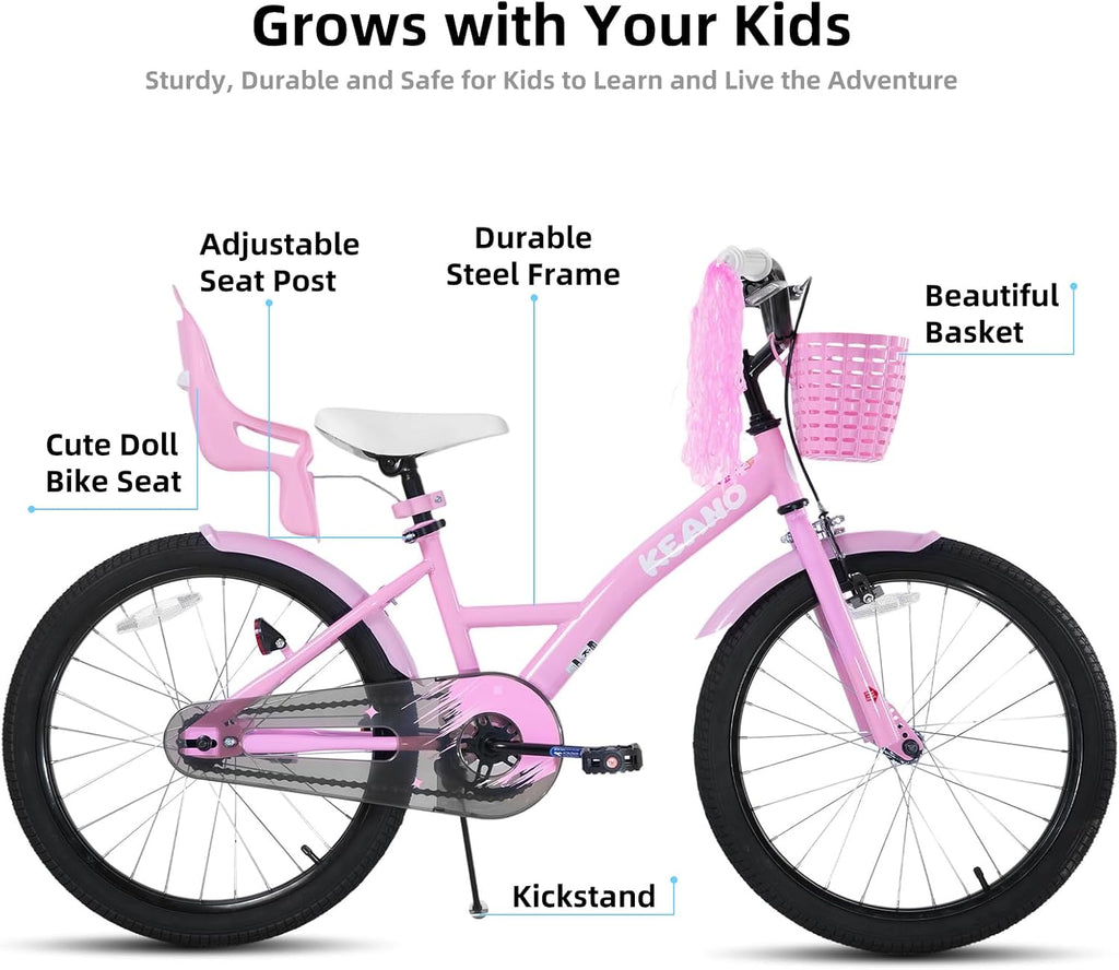 KEANO Zinnia 20 Inch Kids Bike for Girls Ages 7-10 Years, 20 Inch Girls' Bikes with Kickstand, Streamers, Basket and Doll Seat, Children Bicycles Pink