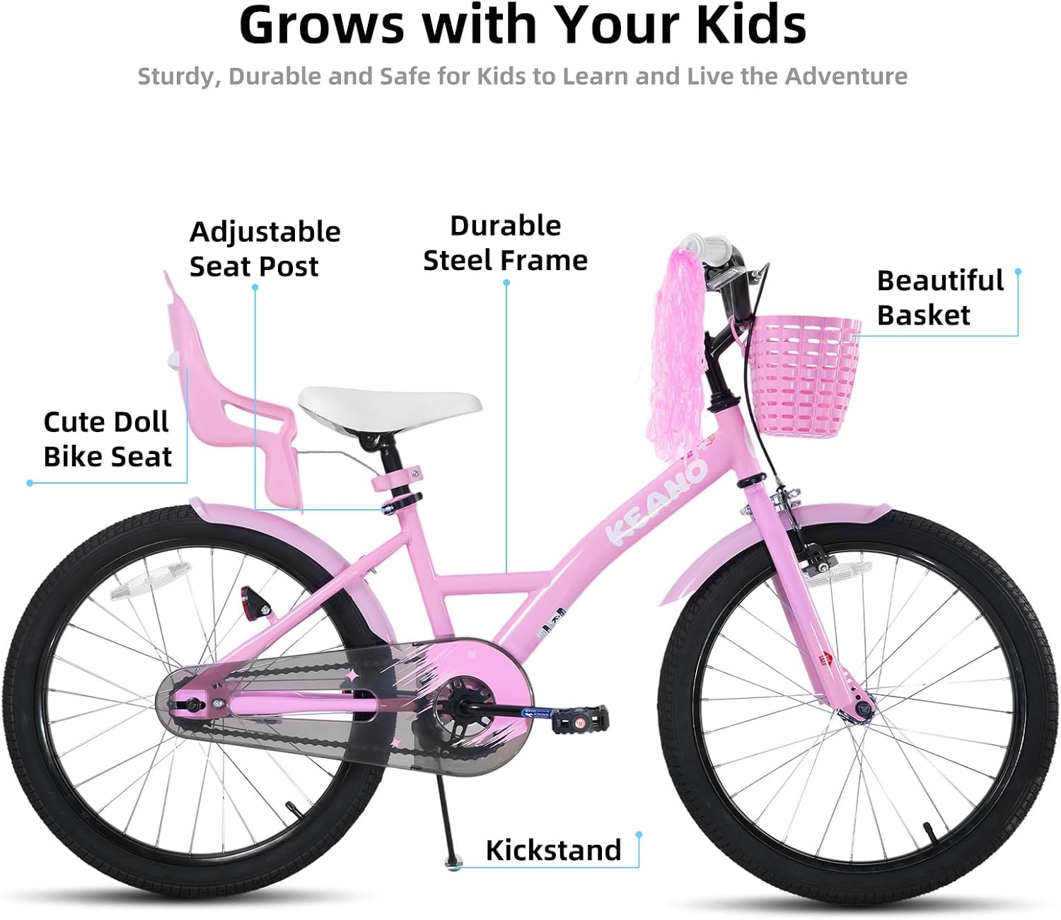 KEANO Zinnia 20 Inch Kids Bike for Girls Ages 7-10 Years, 20 Inch Girls' Bikes with Kickstand, Streamers, Basket and Doll Seat, Children Bicycles Pink