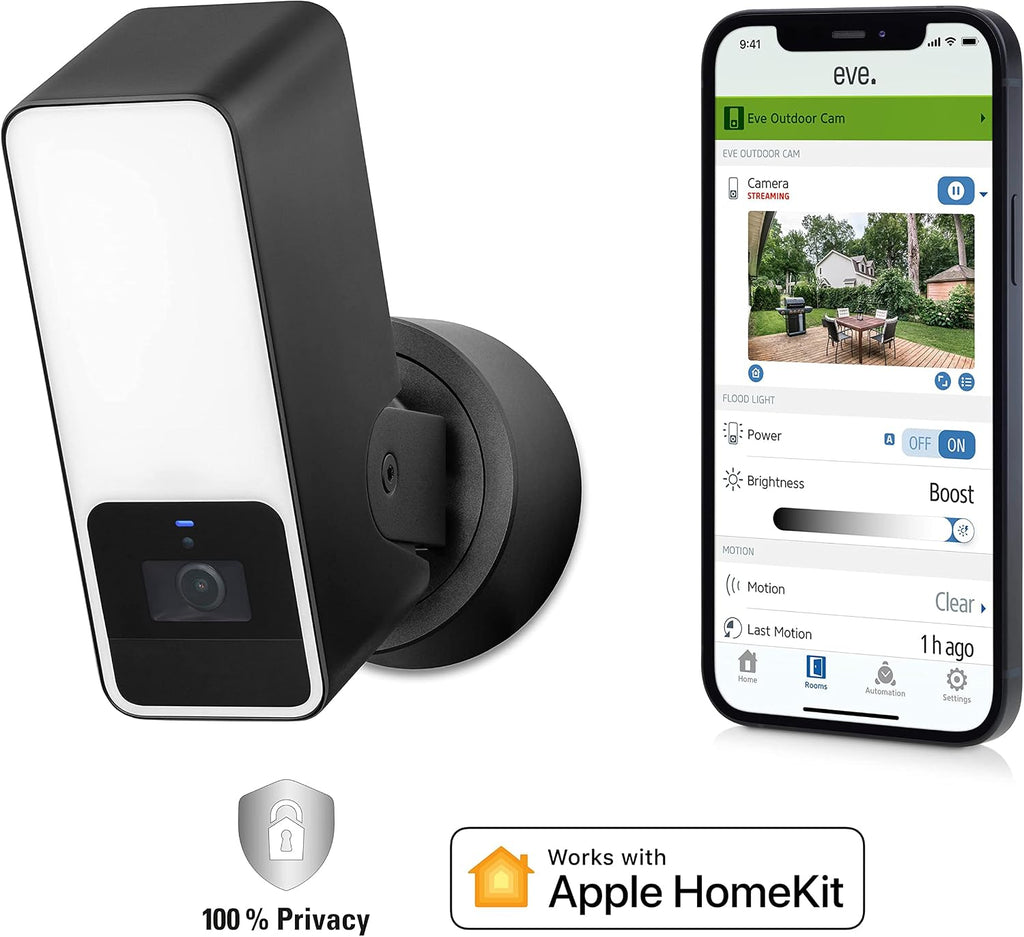Eve Outdoor Cam 2-Pack Secure floodlight Camera, High Security & Privacy (HomeKit Secure Video), 1080p, Night Vision, Wi-Fi (2.4 GHz), Motion Sensor, 2-Way Communication, People/pet/Vehicle Detection