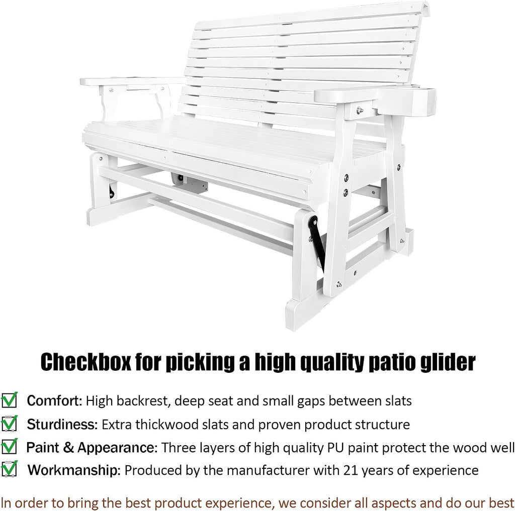 Fortune Candy Patio Glider with Cup Holders, High Roll Back and Deep Contoured Seat,Heavy Duty 800 Lb (White, 2-Seater)