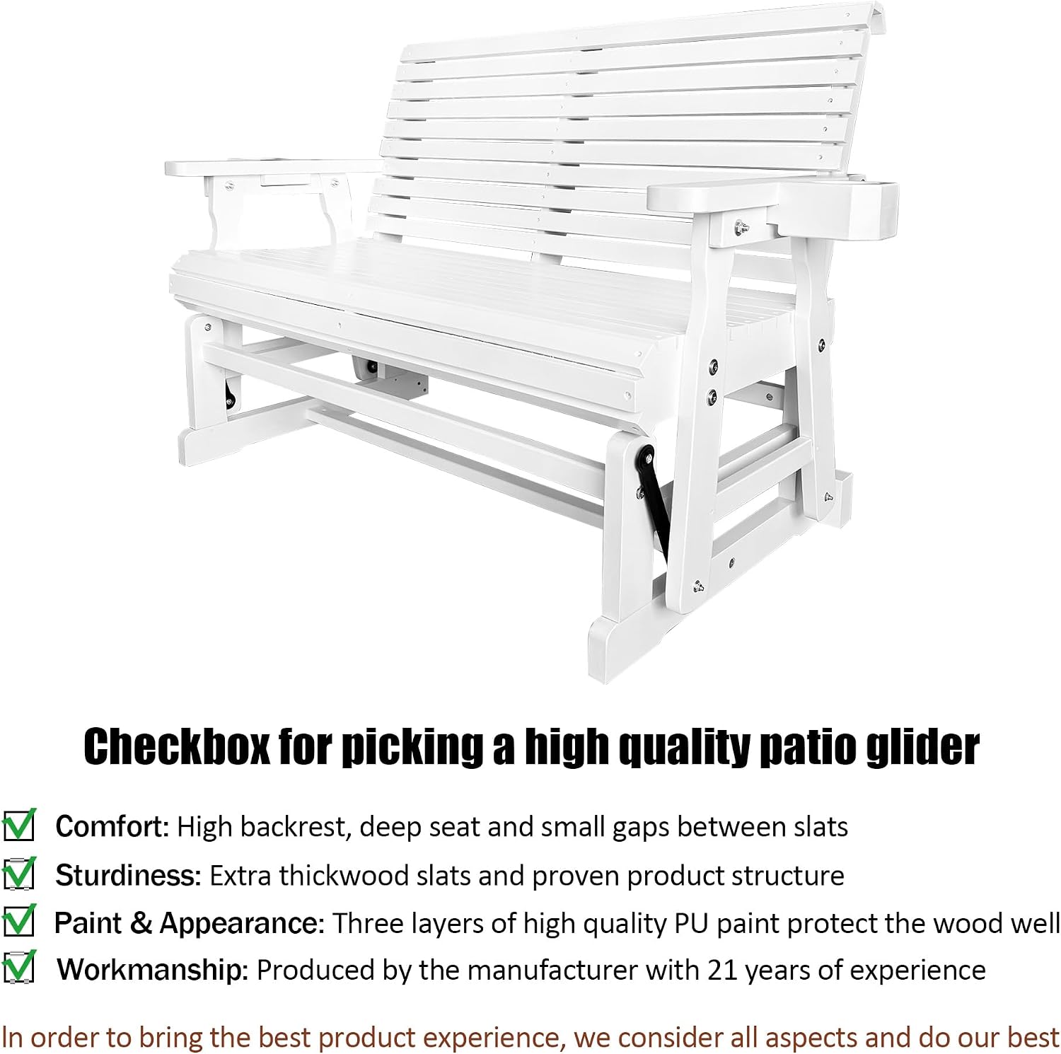 Fortune Candy Patio Glider with Cup Holders, High Roll Back and Deep Contoured Seat,Heavy Duty 800 Lb (White, 2-Seater)
