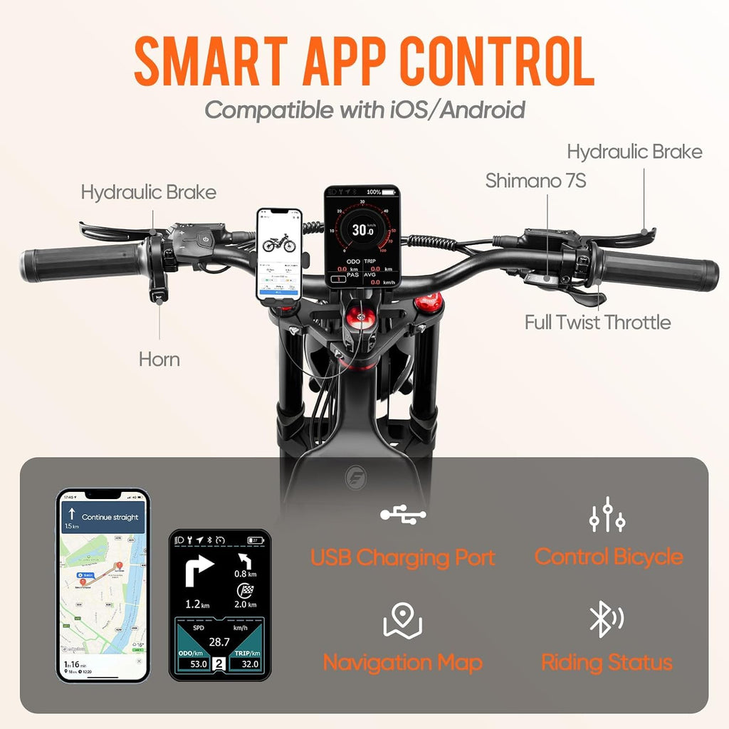 Eahora Romeo Pro/Romeo 2/Romeo Ultra 34-43Mph 1600-3000W Electric Bike for Adults 48-60V 60-70Ah 200Miles Long Range, 20*4.5/26*4.0' Fat Tire Full Suspension, All Terrain, Hydraulic Brake, APP Control