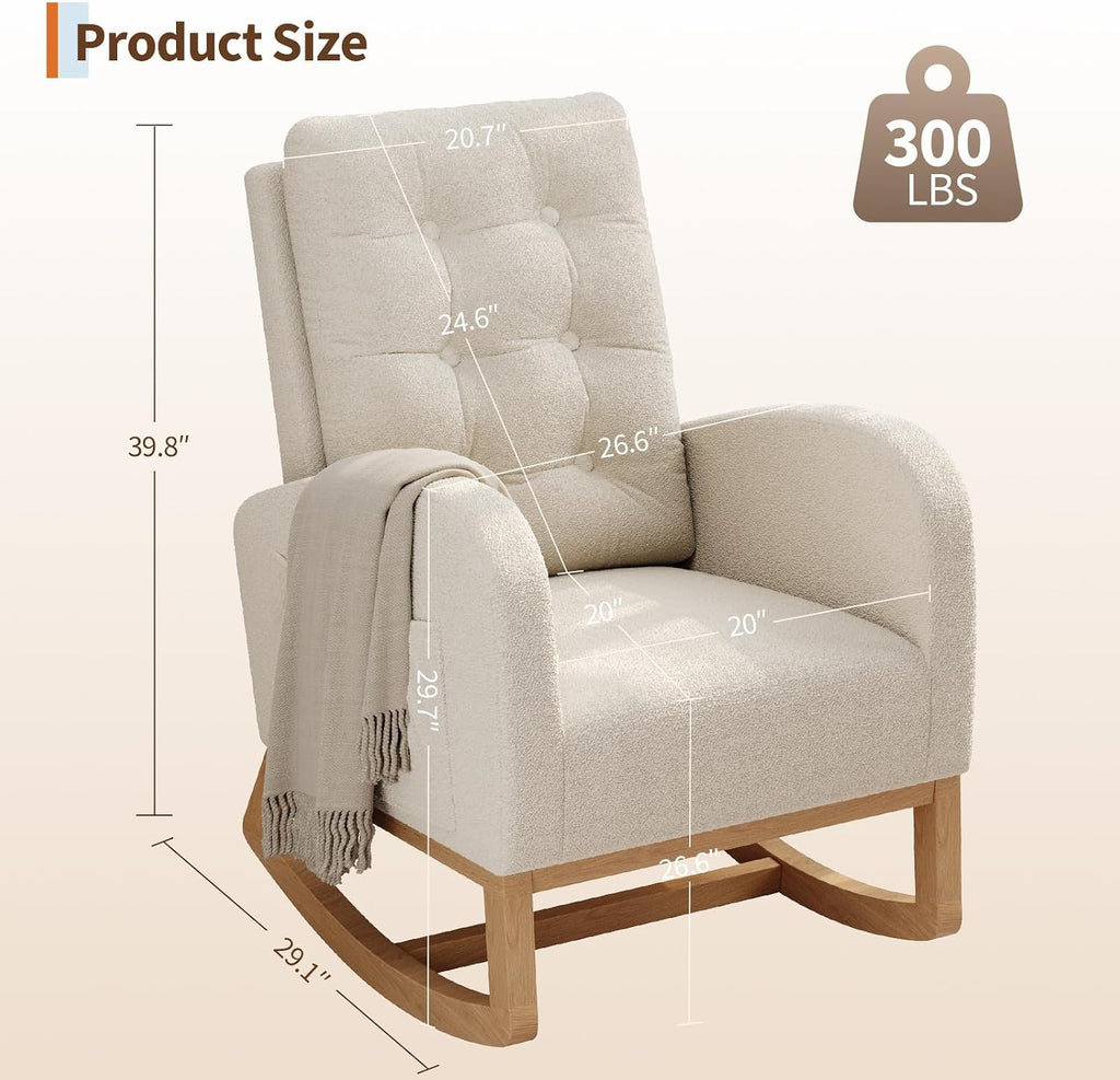 GarveeHome Nursery Rocking Chair, Teddy Fleece Upholstery, Sturdy Wooden Legs & High Backrest, Comfortable Glider Rocking Chair for Living Room or Bedroom, Light Brown