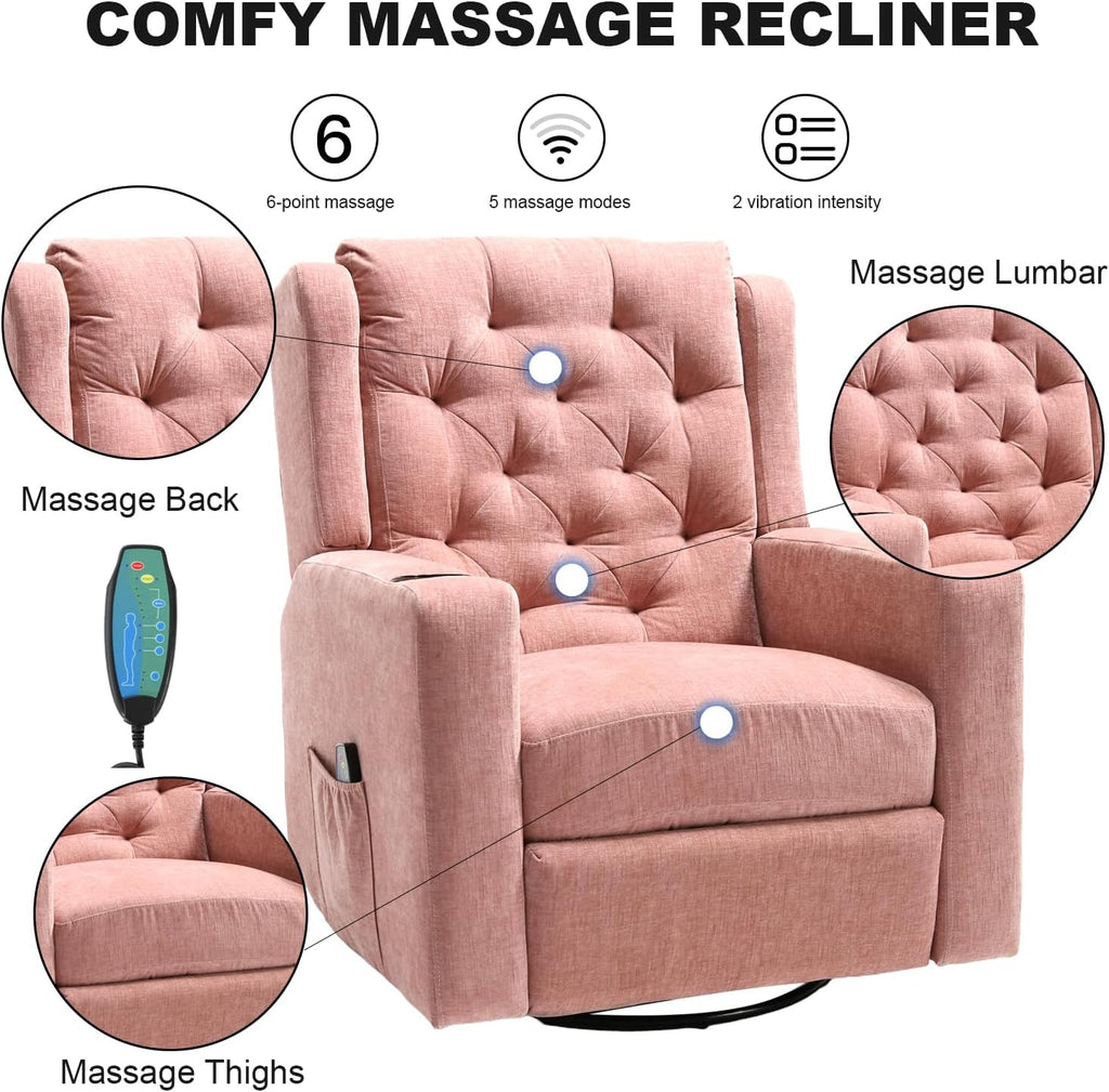 Oversized Swivel Rocker Recliner Chair Wide Seat Heavy Duty Fabric Reclining Chair, Tufted Manual Rocking Glider Chair Recliner for Nursery, Pink