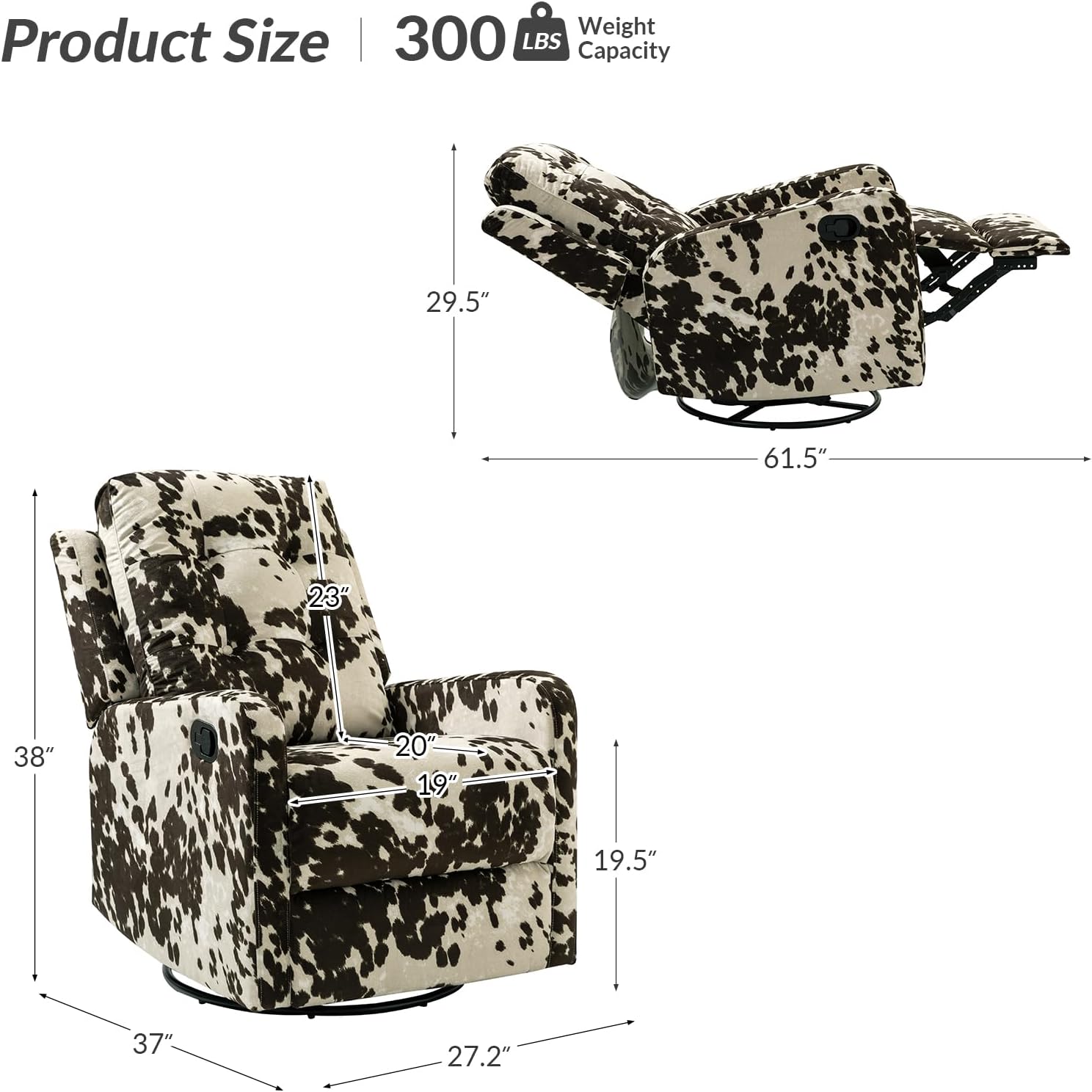 HULALA Home Recliner Chair Set of 2, Modern Printed Fabric for Living Room, Rocker Recliner Sofa Comfy Armchair 360 Degree Swivel, Nursery Rocking Chairs with Adjustable Backrest & Footrest/Brown