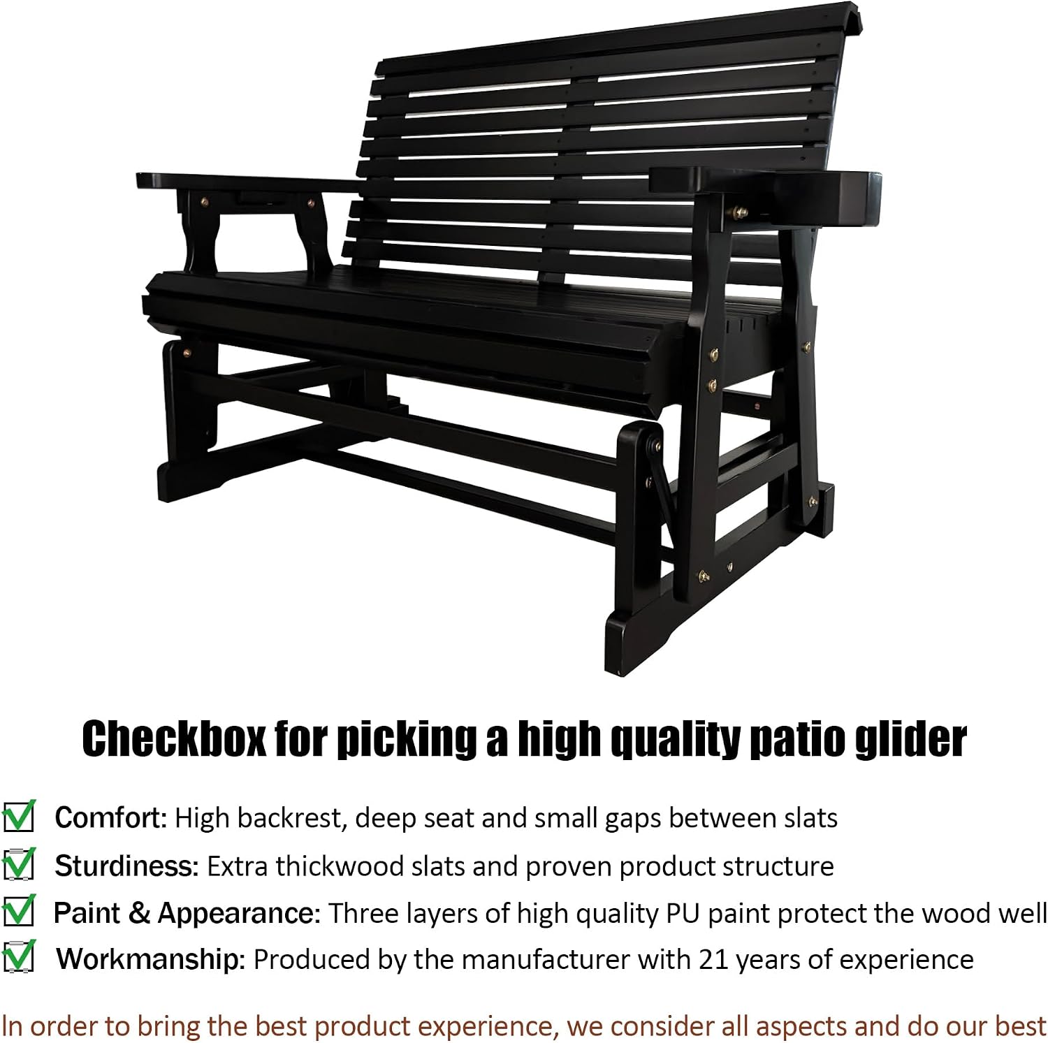 Fortune Candy Patio Glider with Cup Holders, High Roll Back and Deep Contoured Seat,Heavy Duty 800 Lb (Carbon Black, 2-Seater 42.4'')