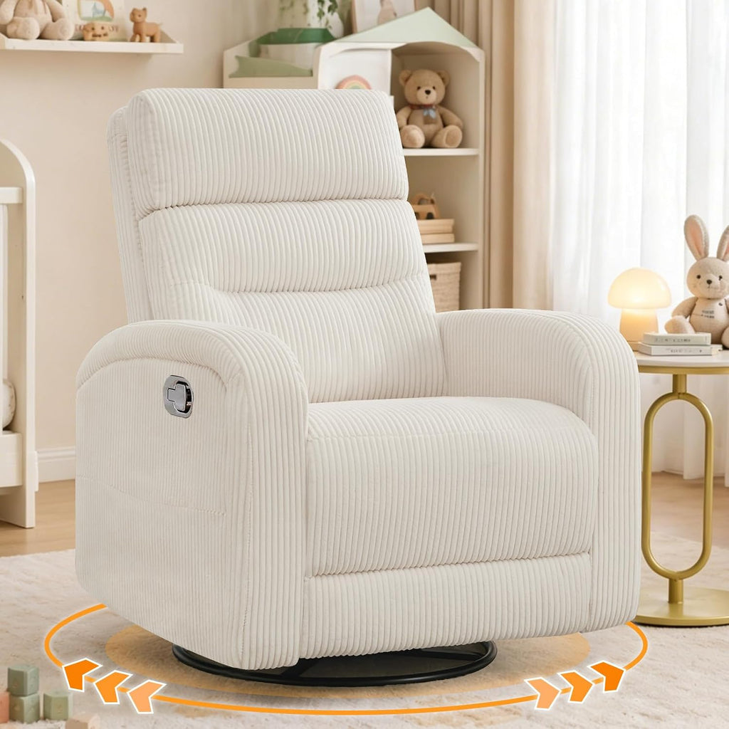 Swivel Rocker Recliner Glider Rocking Chair for Nursery, Corduroy Recliner with Chunky Cushion, Manual Swivel Recliner Chair for Living Room, Bedroom, Nursery(White)