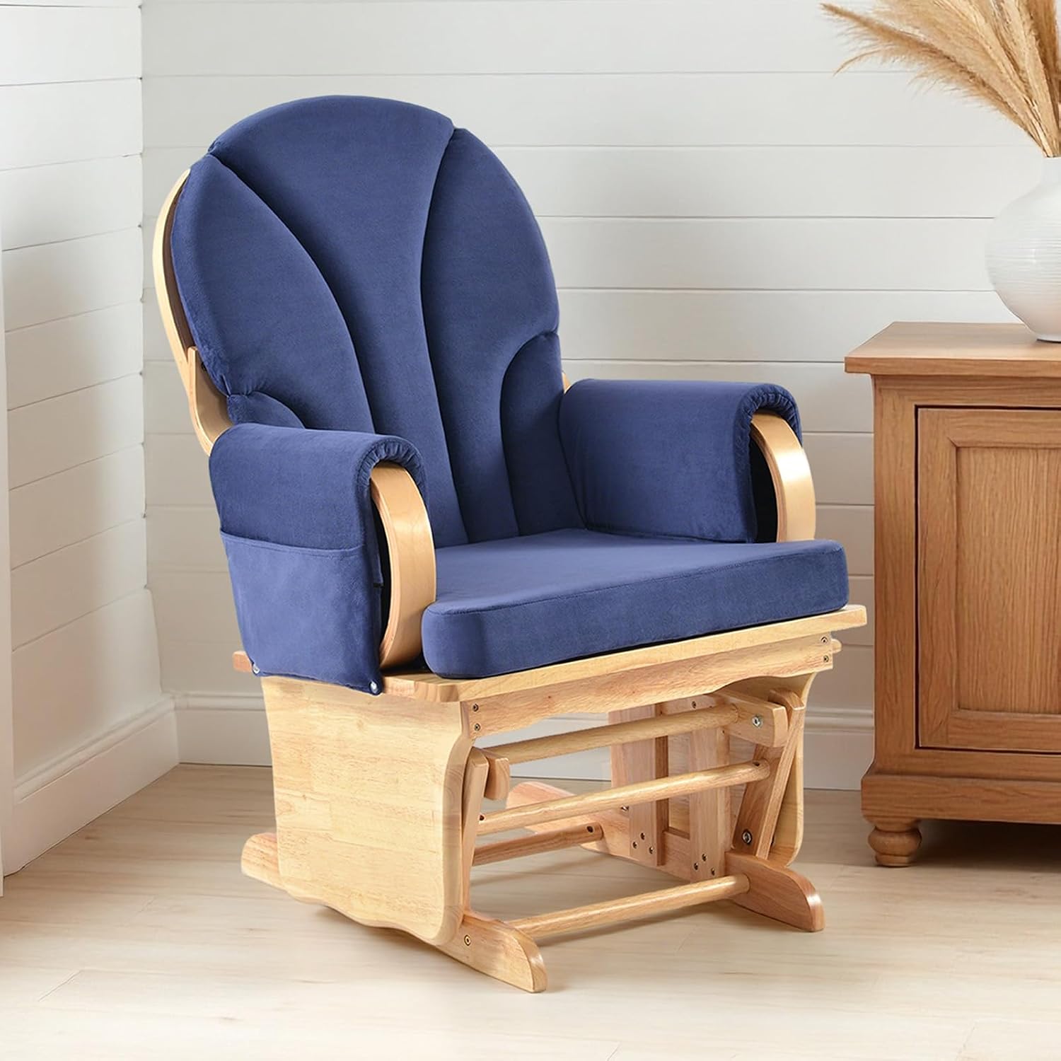 Rubber Wood Gliding Rocking Chair for Nursery, Rocking Chair Glider Rocker with Arm Rest, Padded Cushion for Living Room Bedroom Reading Room, 280lbs Weight Capacity, Blue
