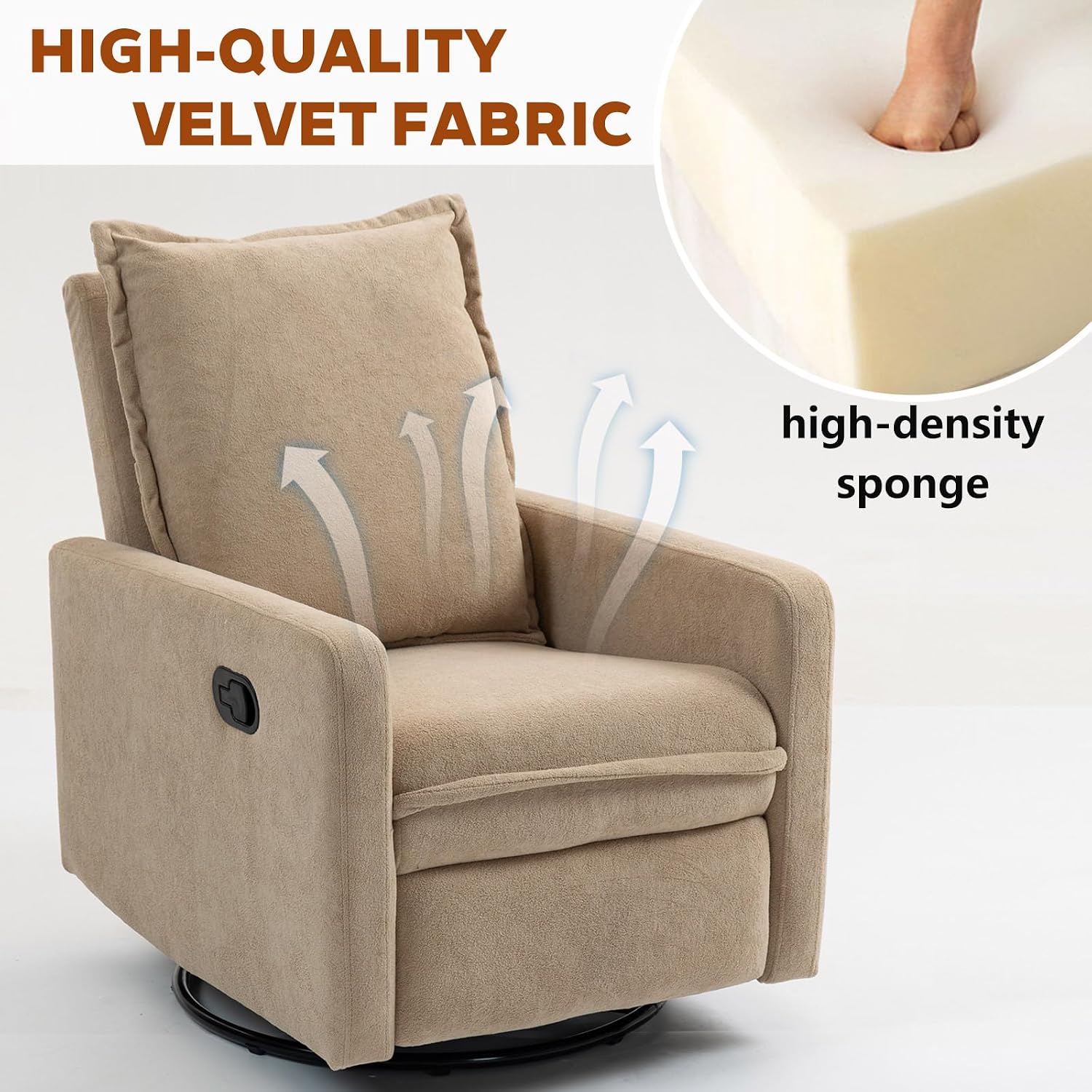 Rocker Recliner Chair for Adults, Swivel Rocker Recliner Chairs with Armrests, Glider Recliner Nursery Chair with Black Metal Base, Small Recliners for Small Spaces, Living Room (Camel)