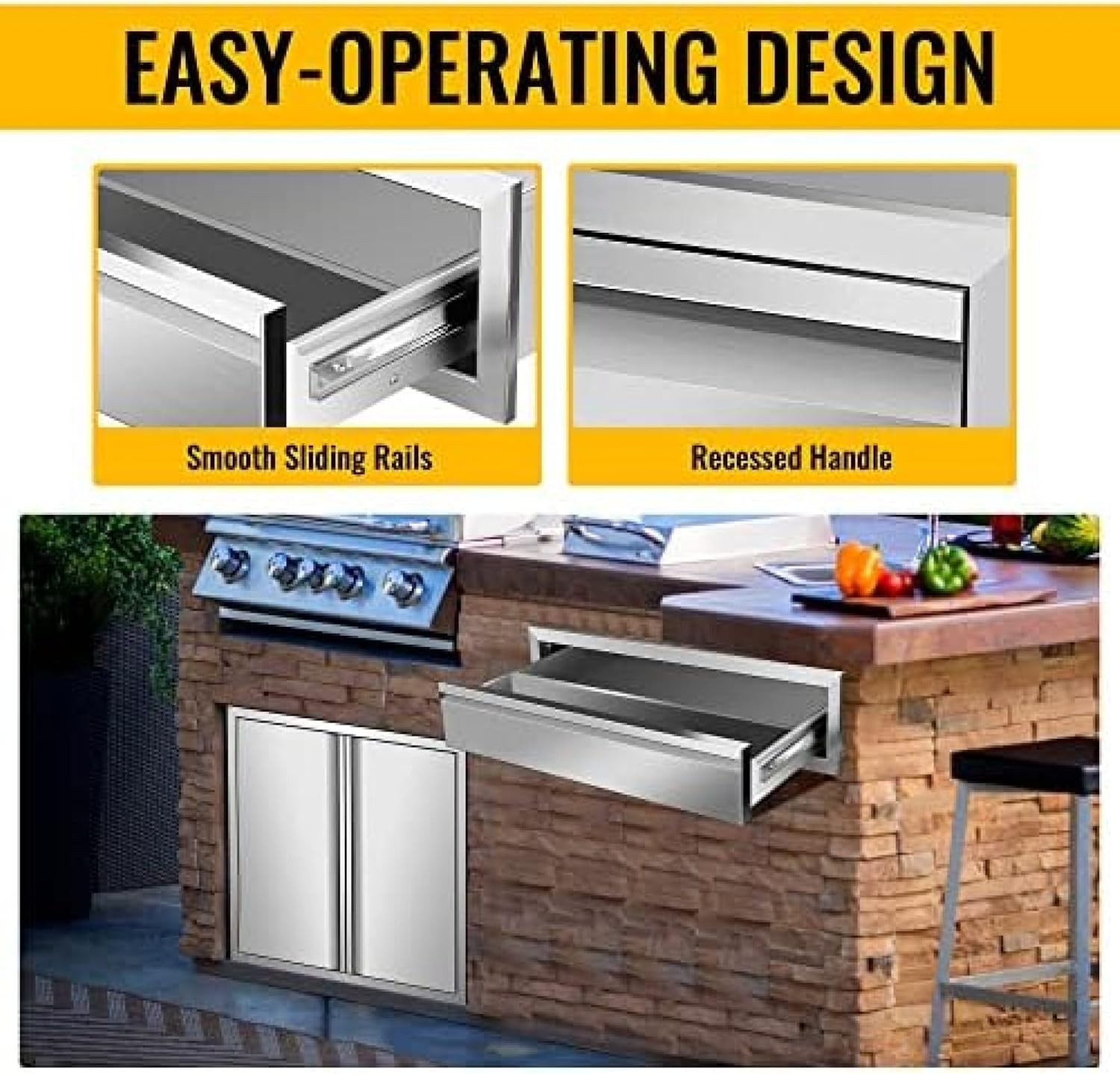 Outdoor Kitchen Drawer Stainless Steel BBQ Triple Drawer Flush Mount for Outdoor Kitchen Island,-30W X 6.5H X 23D Inch