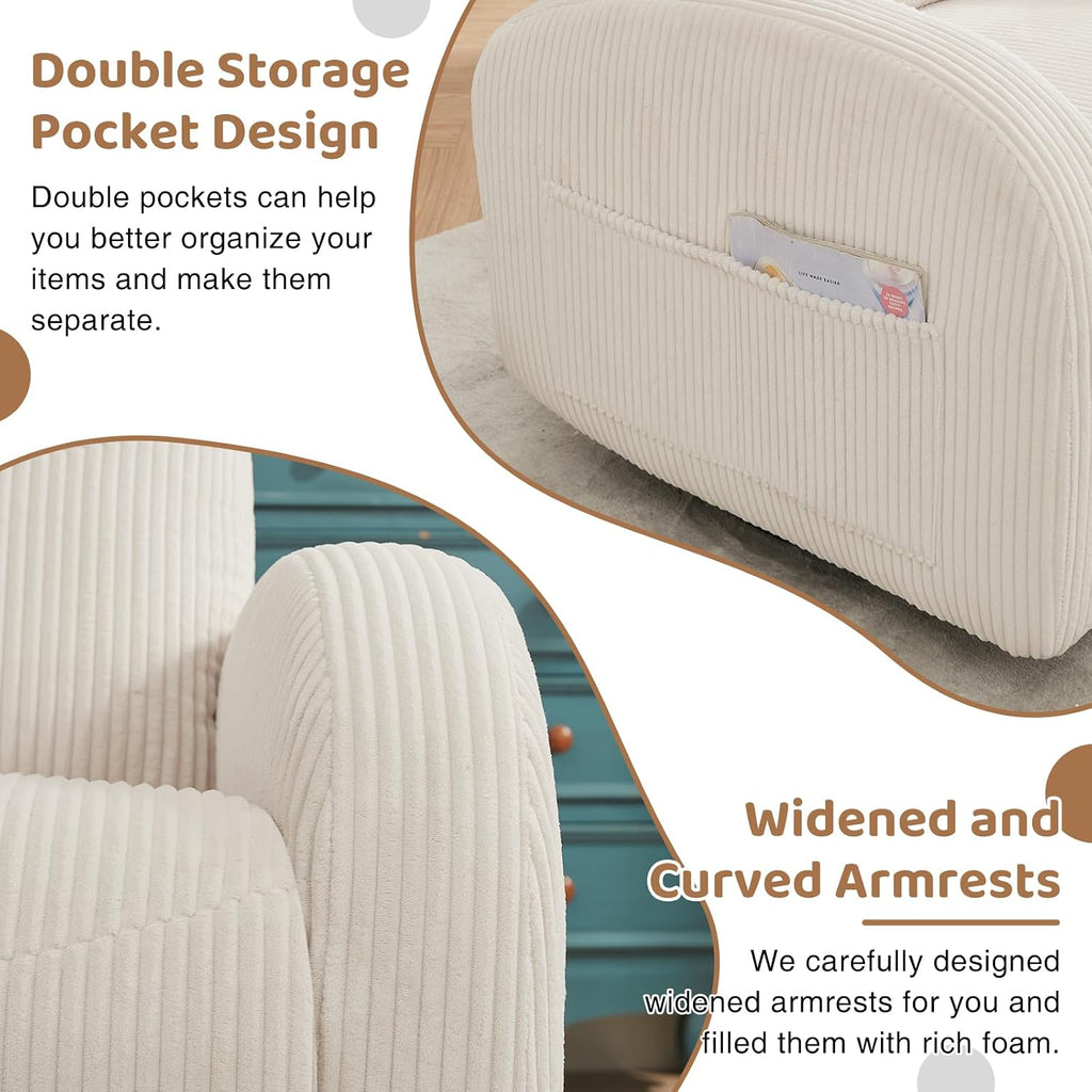 Glider Recliner for Nursery, Swivel Rocker Recliner with 2 Pockets for New Mother, Corduroy Manual Roking Recliners for Living Room, Bedroom, Cream White