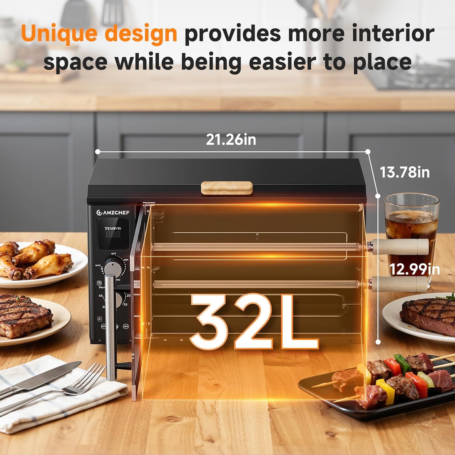 AMZCHEF Electric Rotisserie Grill with 2-in-1 Cooking Mode,34QT Rotisserie Oven with 360° Auto-Rotating Heating, Dual Skewers, Grilling Rack, Countertop Grill for Home, Restaurant, Kitchen Parties