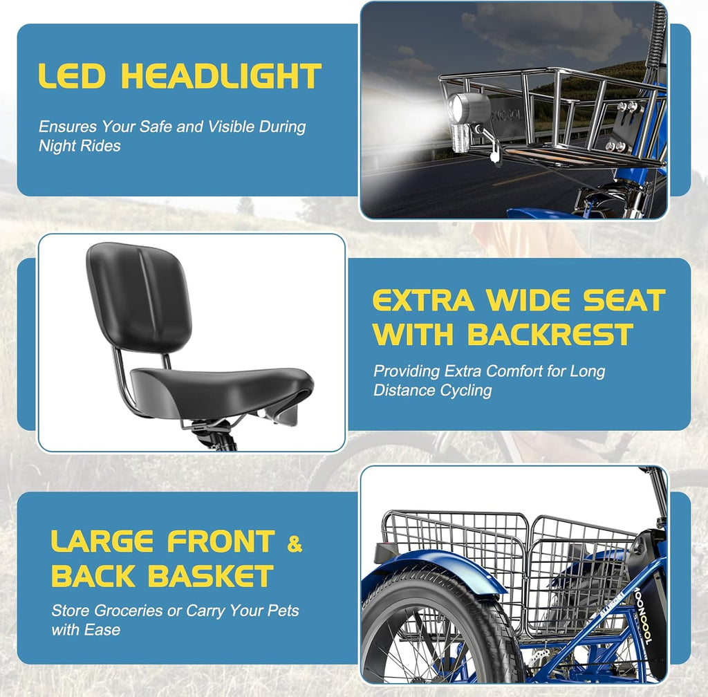 NAIZEA Electric Tricycle for Adults - 20' x 4' Fat Tire Electric Trike, 48V 500W Ebike, 3 Wheel Electric Bikes with Removable Battery, Aluminum Frame & Large Basket
