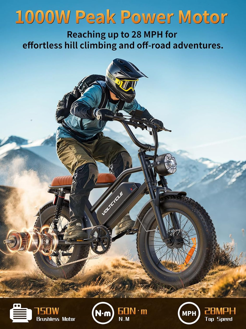 Electric Bike for Adults -1000W Peak Power Ebike, 28MPH, 48V 18.2Ah Removable Battery, 30-60 Mile Range, 20'' Fat Tire Electric Dirt Bikes, Electric Mountain Bicycles for All-Terrain