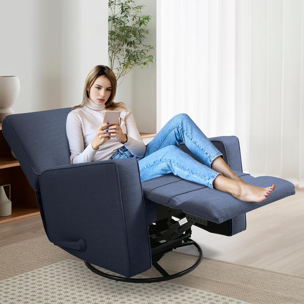 Swivel Rocker Recliner Chair for Adults, High Back Fabric Recliner with Deep Seat, Manual Glider for Living Room & Nursery, Blue