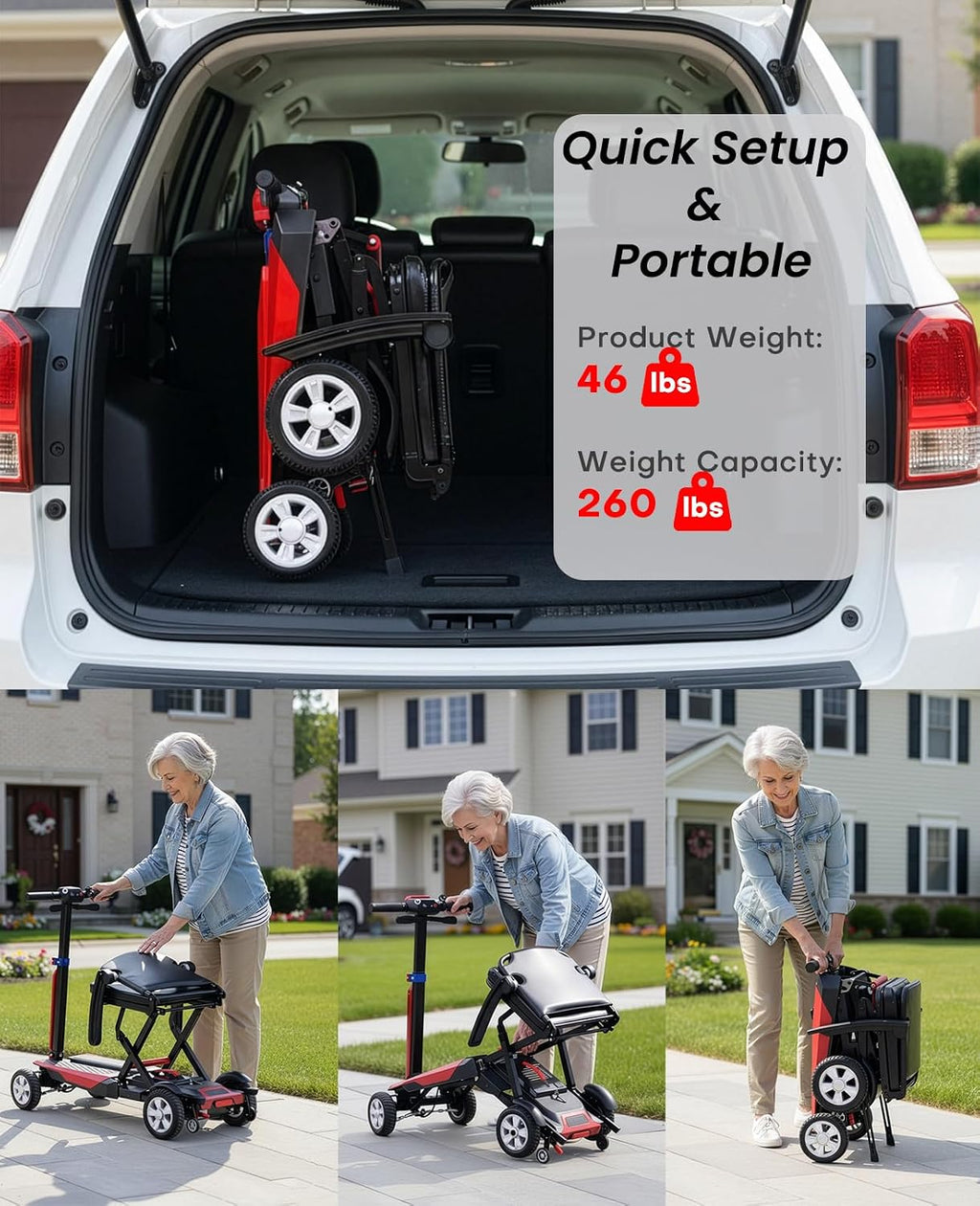 4 Wheel Mobility Scooters for Seniors, 4 Wheel Electric Scooter for Adults, Electric Wheelchair Device, 12 Mile Range, Supports 260lbs Weight, Only 46lbs, Adjustable, with Headlight & Taillight