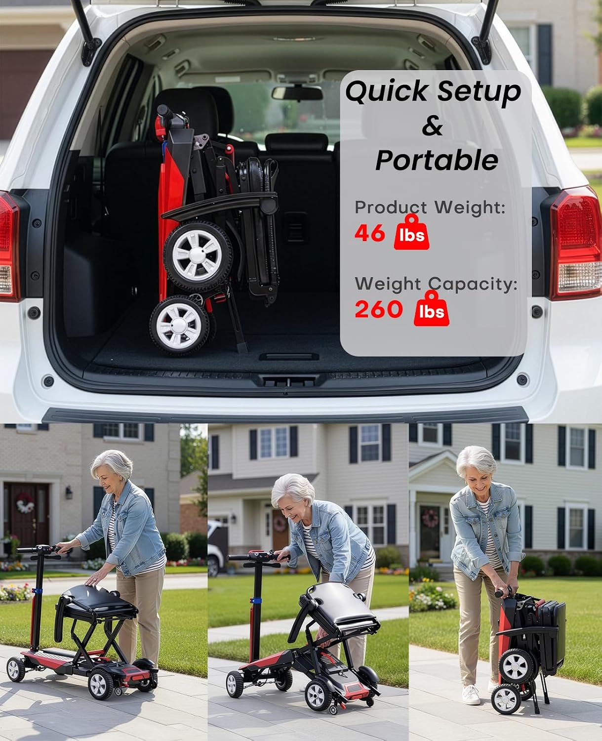 Portable Foldable Electric Mobility Scooter for Seniors – Safe Anti-Tip Design, Adjustable Seat & Armrests, 12-Mile Long-Range, Smooth 180W Brushless Motor
