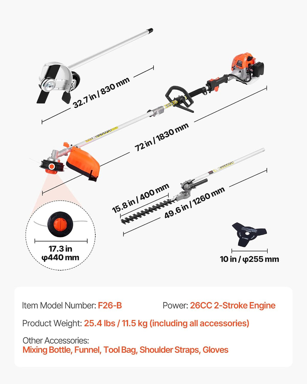 VEVOR Gas Hedge Trimmer, 2 Cycle Gas Power Handheld Hedge Trimmer, 4-in-1 26cc Weed Eater with Protective Gear Set, Includes Hedge and String Trimmer, Edger, Brush Cutter, for Trimming Shrubs & Bushes