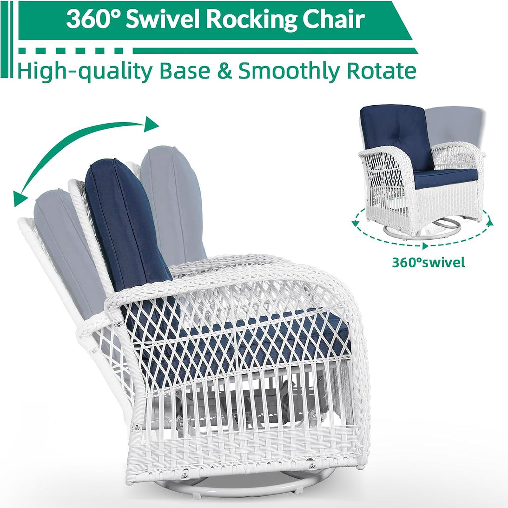 VIVIJASON 3-Piece Outdoor Conversation Bistro Set, Patio Swivel Glider Rocking Chairs Rattan Furniture Sets w/ 2 White Rattan Chairs, Glass Top Side Table for Porch Backyard, Navy Blue Cushions