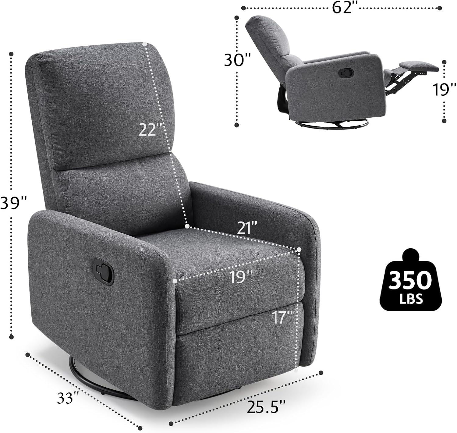 Jocisland Swivel Rocking Chair, Nursery Glider Recliner Chairs for Adults, Rocker for Living Room Bedroom, Comfy Upholstered Modern Nursing Reclining Single Sofa, Grey Linen (No Side Pockets)