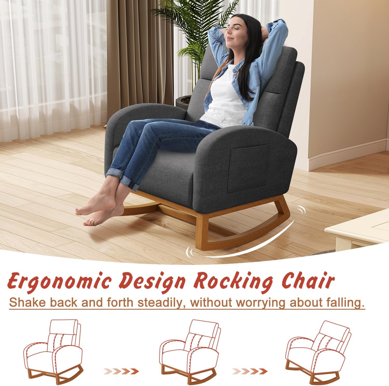 Gaussen Glider Rocking Chair Nursery Comfy Accent Chair with High Backrest Upholstered Living Room Chairs with Pocket Armchair Reading Chair for Bedroom Nursery Office (Grey)