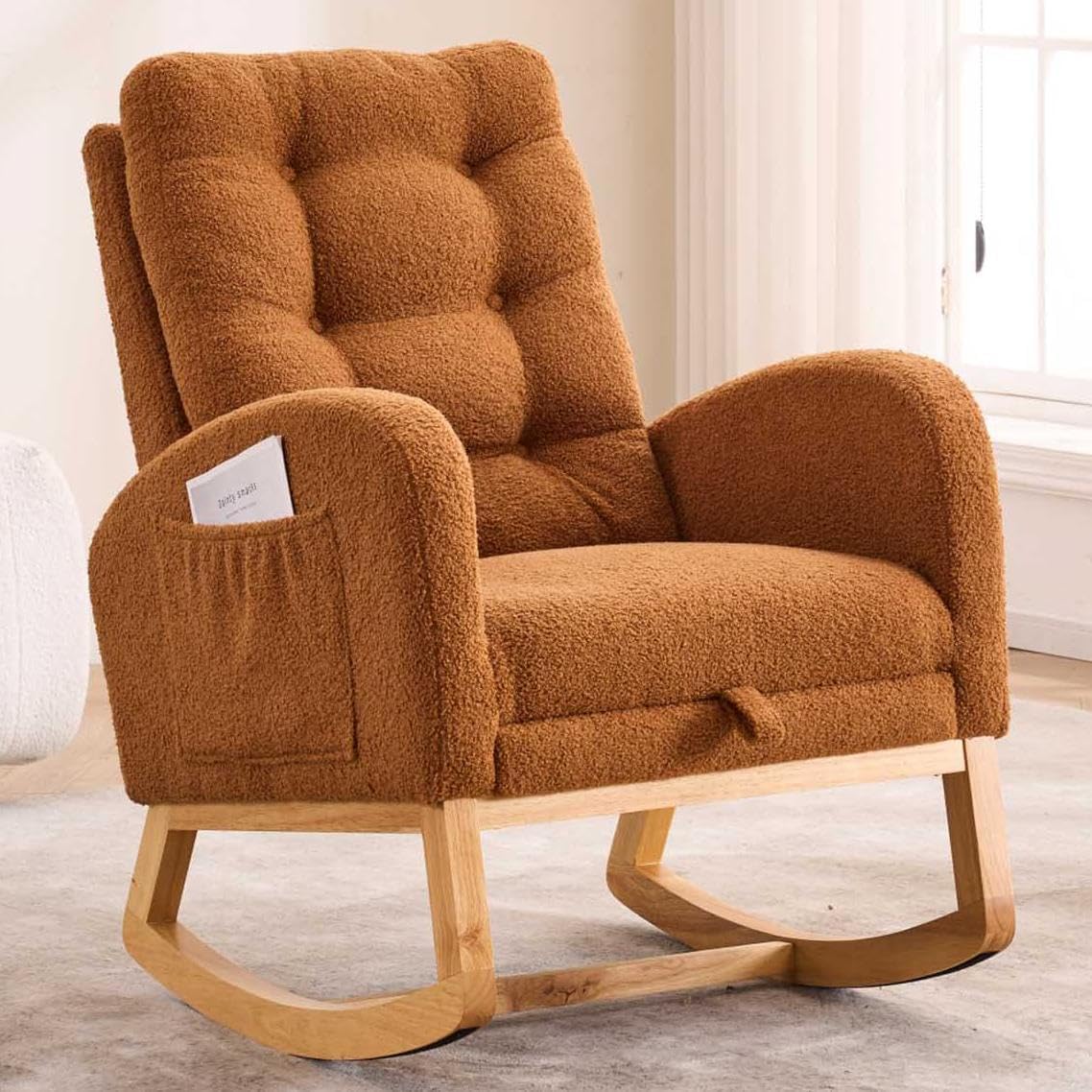 Nursery Rocking Chair with Foot Rest & Side Pocket, 300lbs Capacity, Rocking Chairs with High Backrest, Suitable for Living Room Bedroom, Comfort (Caramel)